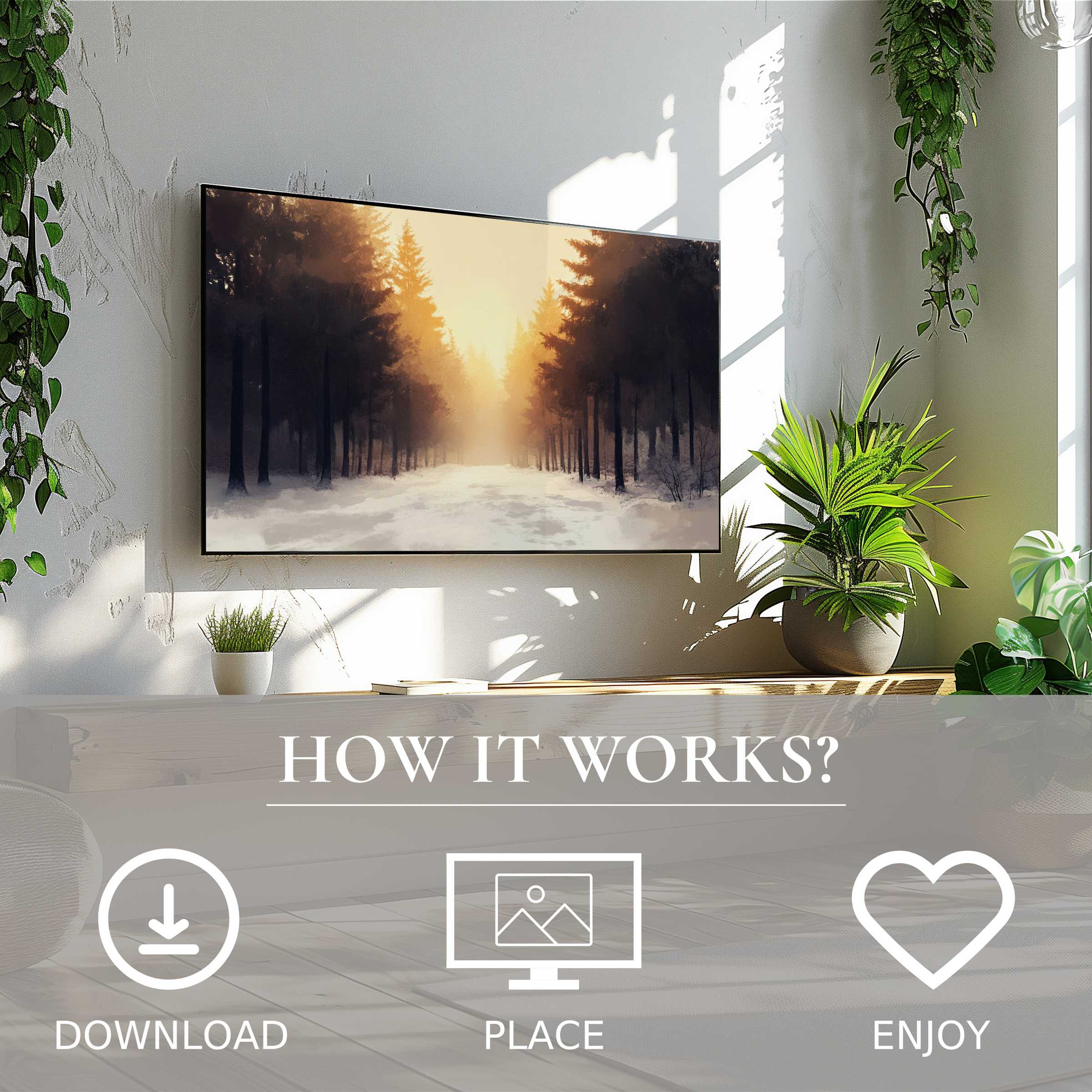 Winter art for Samsung TV shows soft sunset tones on Frame TV; easy digital download enriches modern living spaces