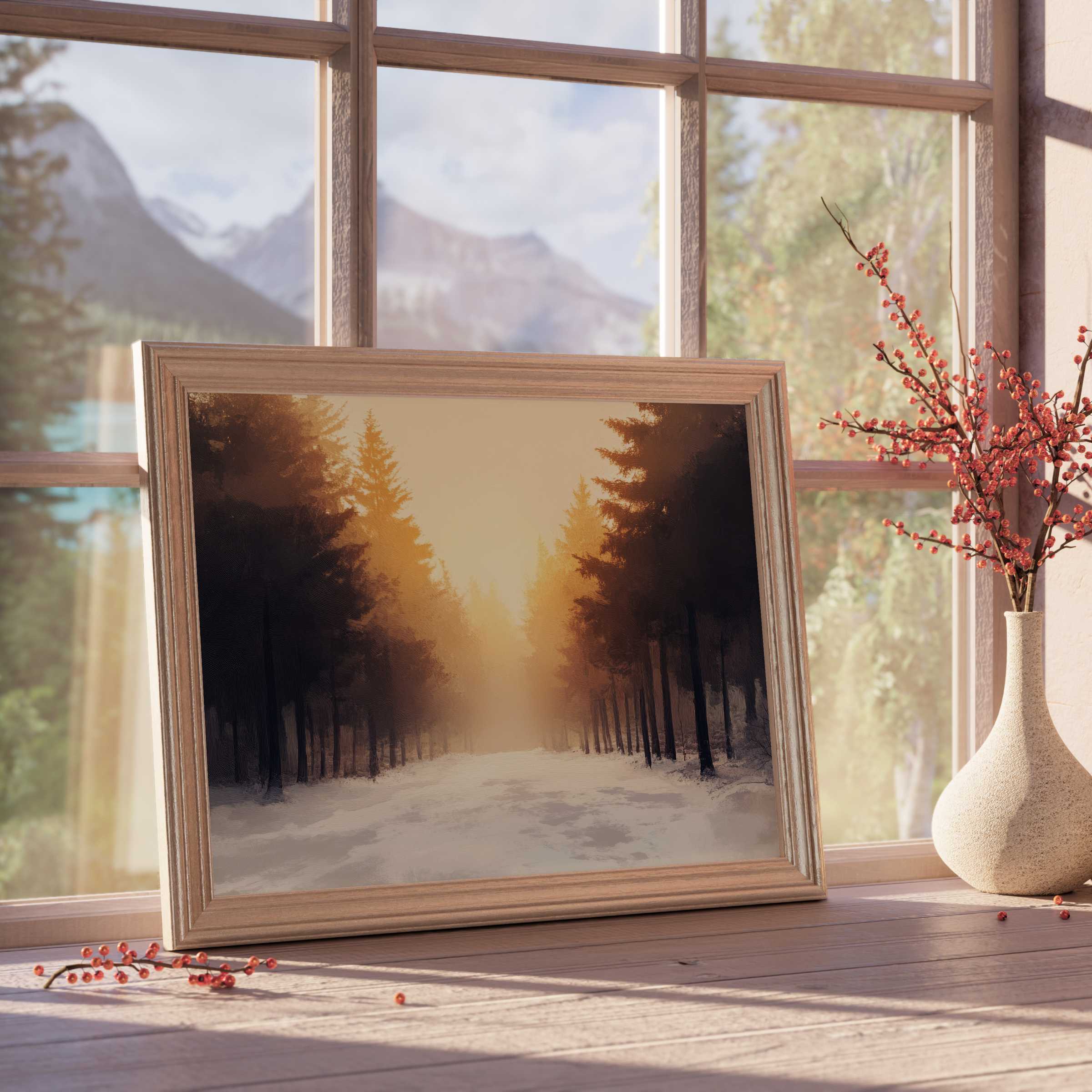 Winter downloadable art capturing a tranquil snow-blanketed forest path bathed in warm golden light, perfect for curated modern interiors