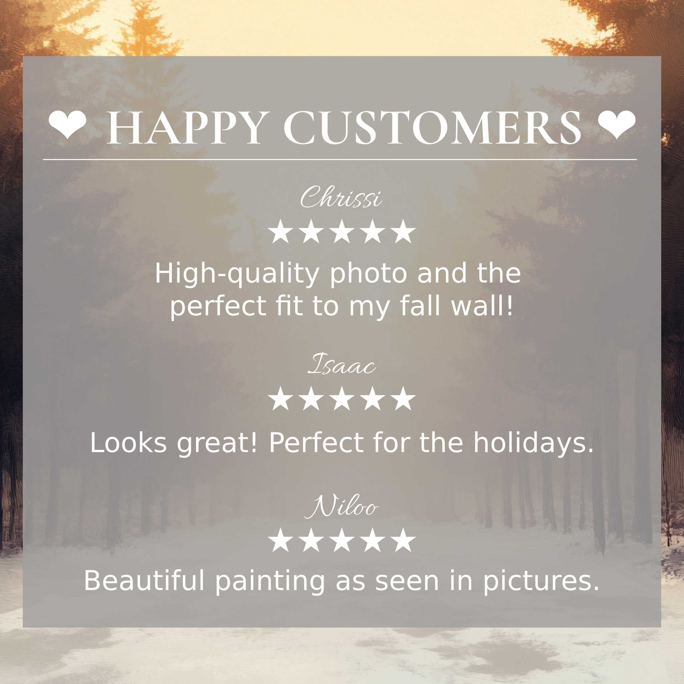 Winter art for Frame TV with serene forest tones, featuring happy customer reviews that inspire trust and reflect refined elegance