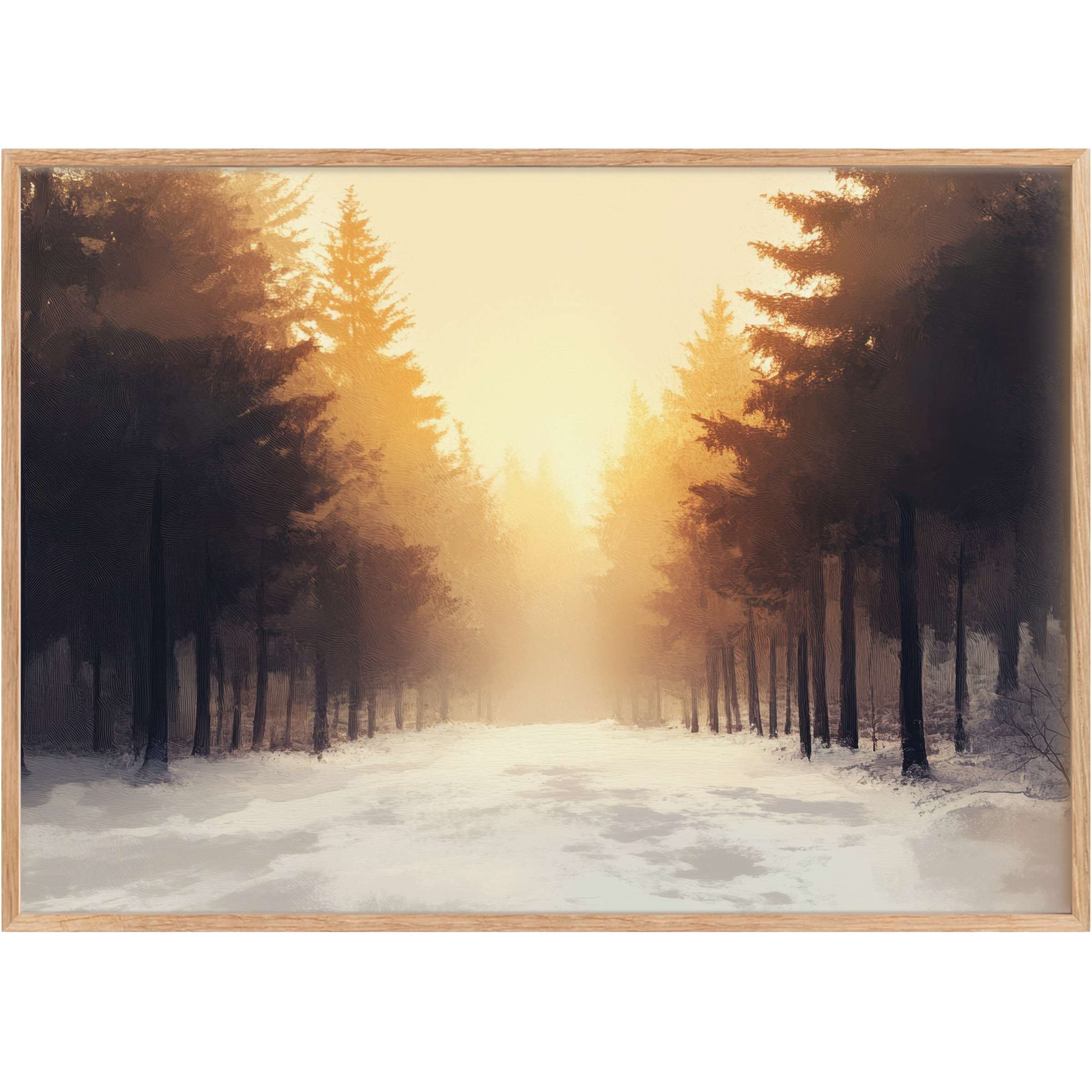 Winter printable wall art exudes serene warmth with golden light filtering through dark pine silhouettes, elevating cozy, elegant interiors