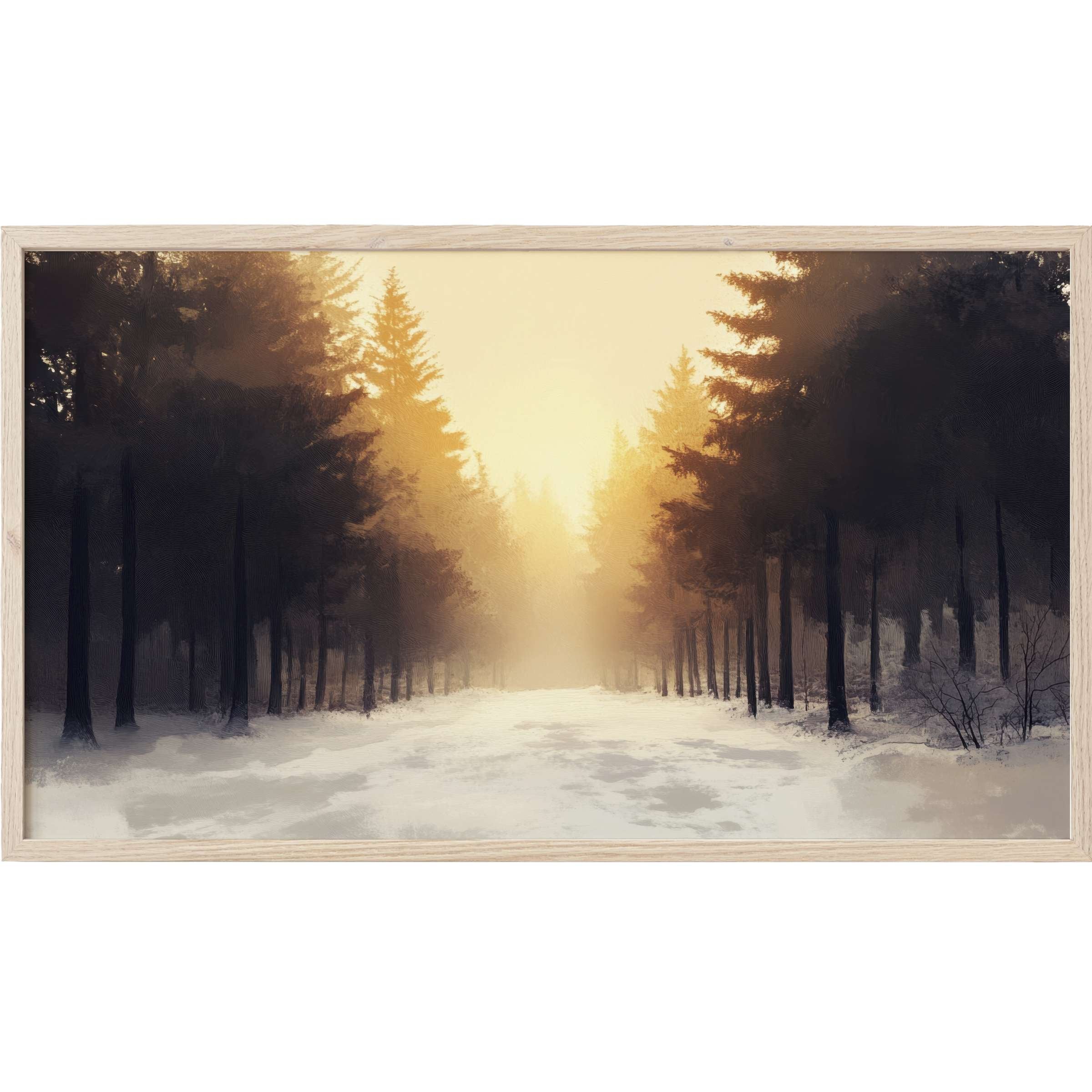 Winter Frame TV Art with soft golden light filtering through dark silhouetted trees on snowy path