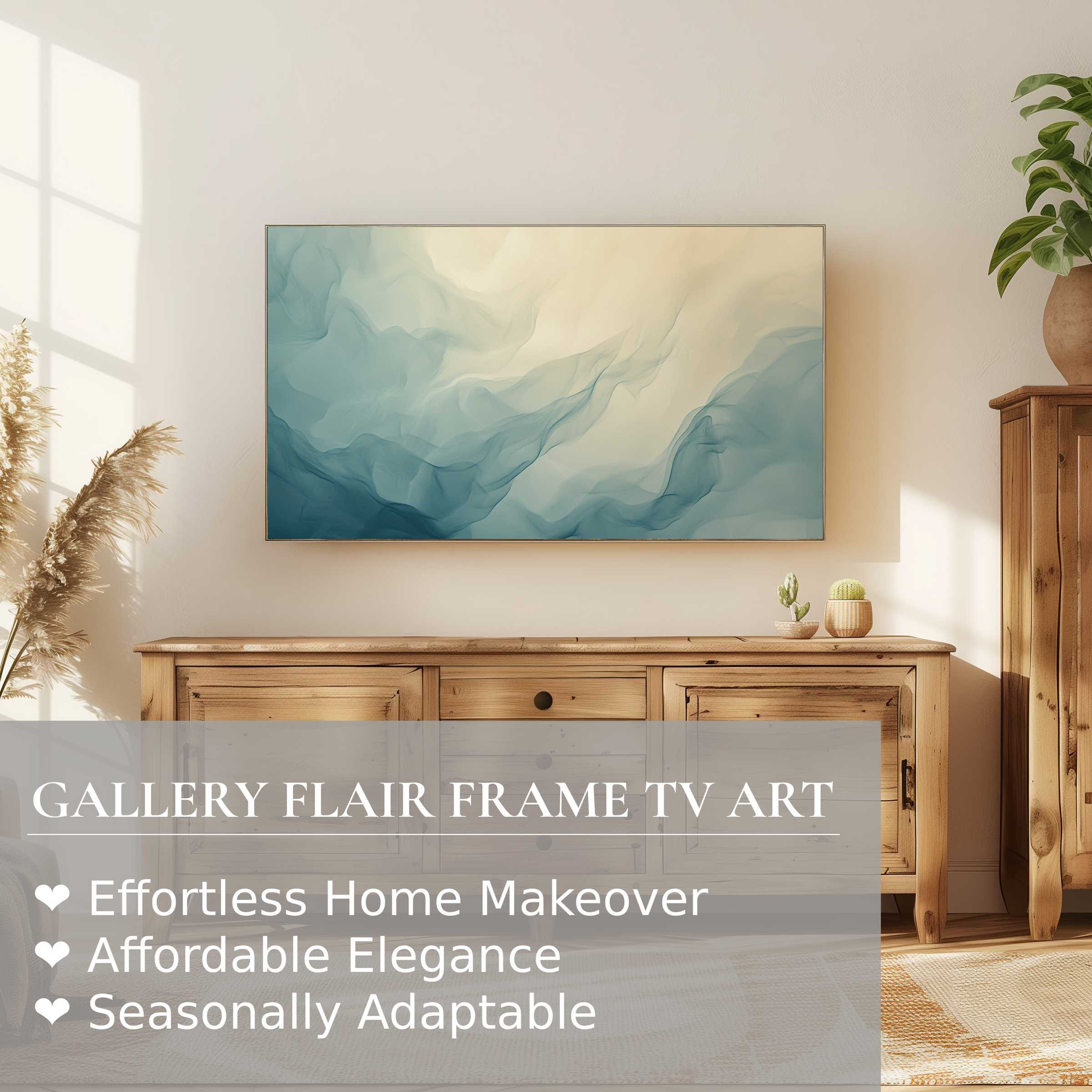 Elegant coastal abstract digital artwork on Samsung Frame TV, serene teal and cream in sunlit modern living room