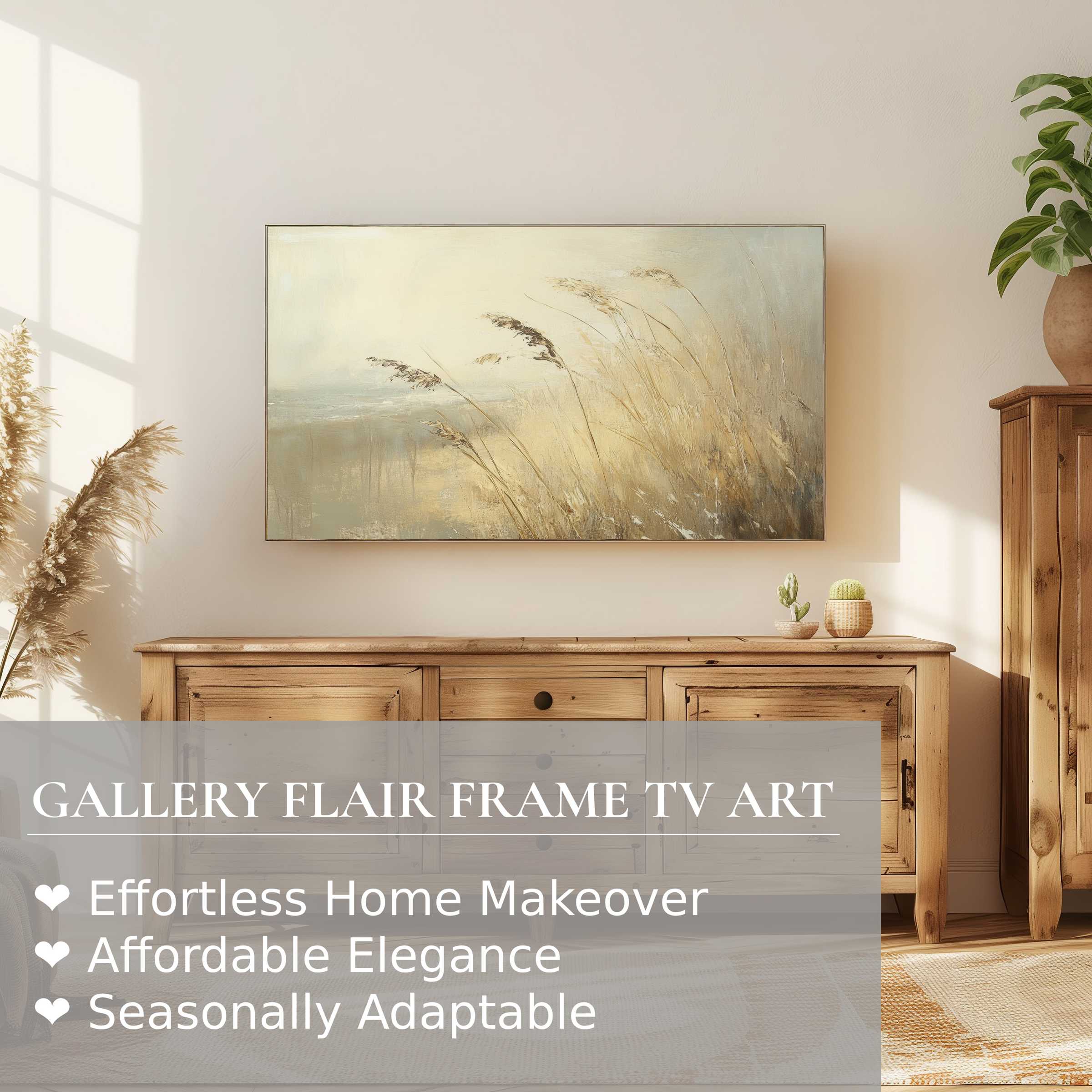 Sunlit room with wooden sideboard; Samsung Frame TV displays muted coastal digital artwork, elegant decor