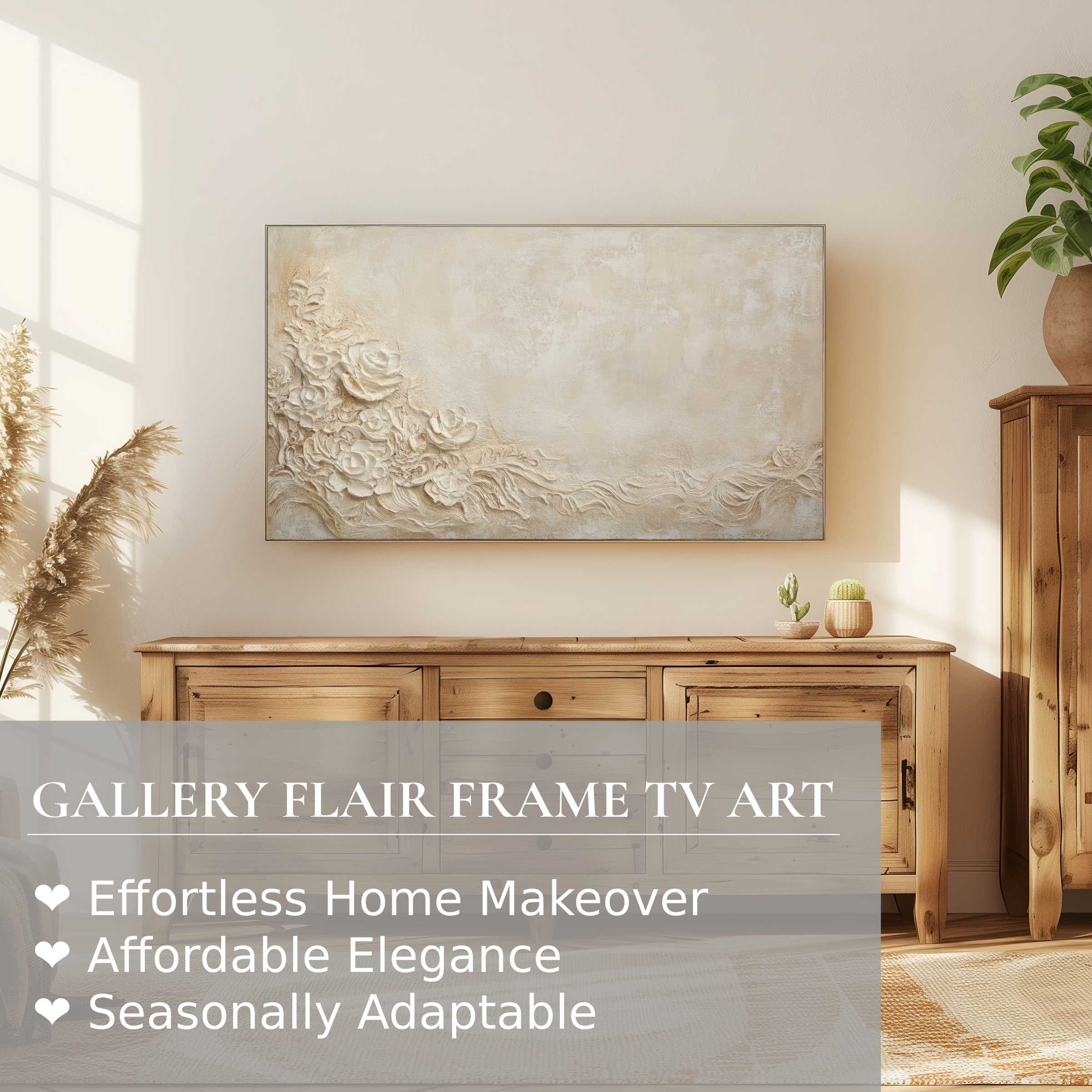 Neutral minimalist living room; Samsung Frame TV displays textured floral digital artwork above wooden console