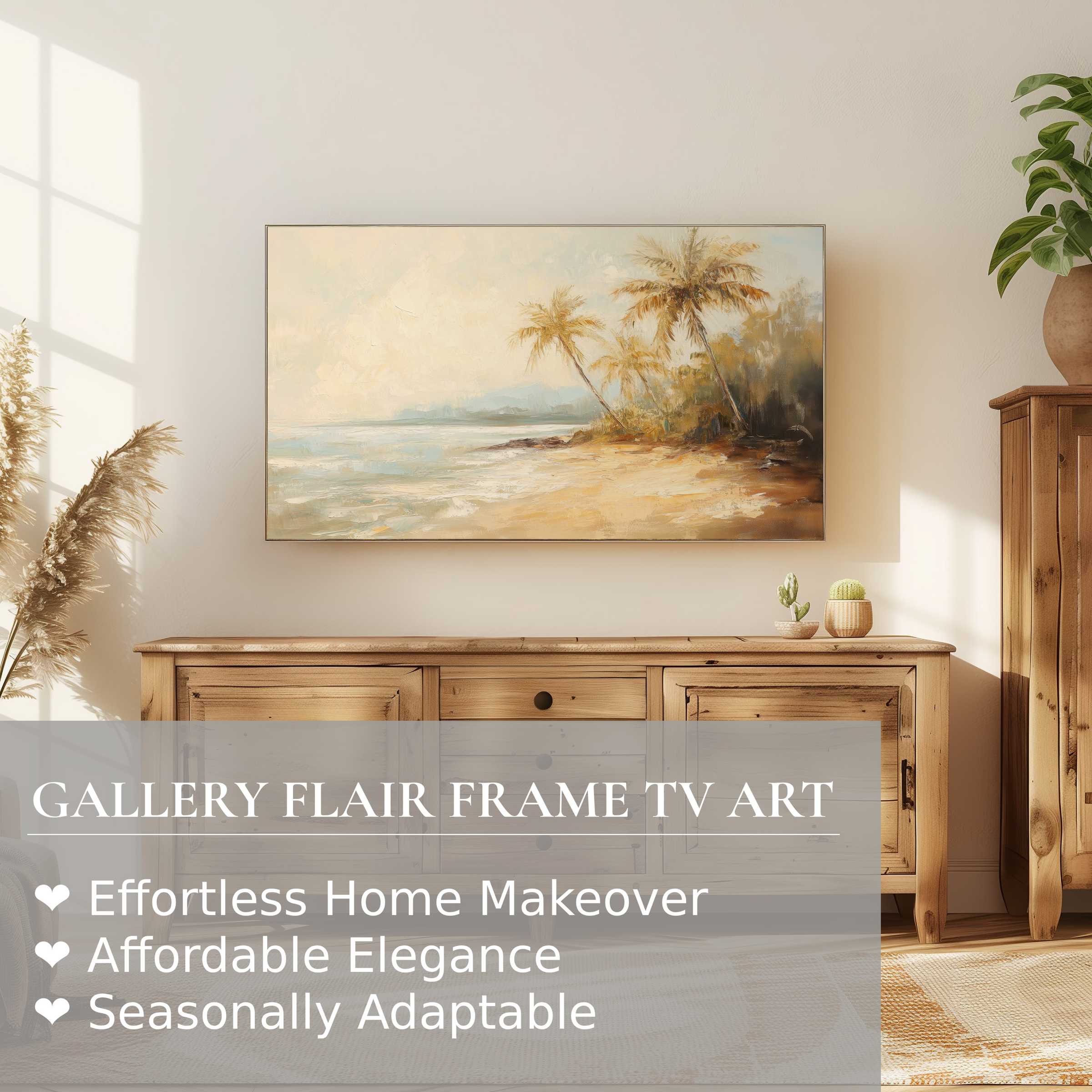 Samsung Frame TV displays serene coastal digital artwork in a neutral, sunlit living room above a rustic wood console