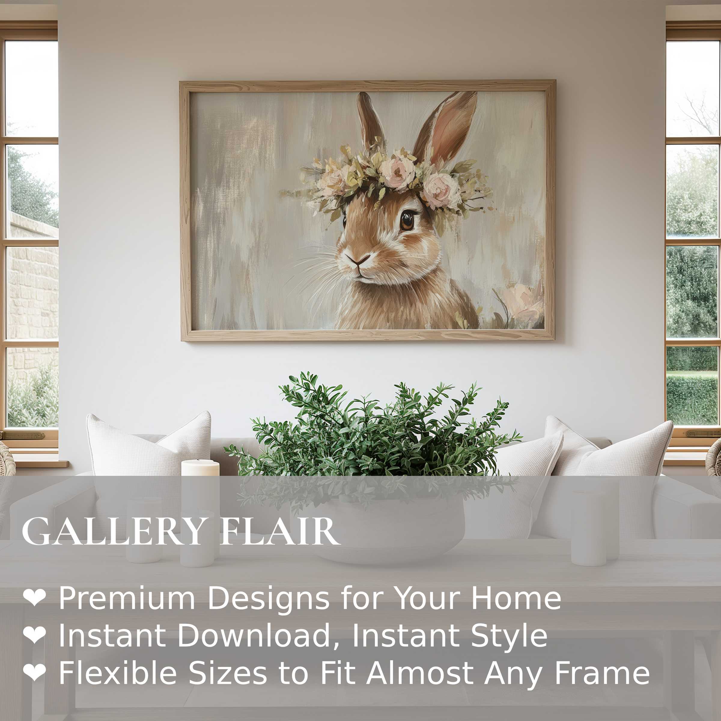 Chic Wall Art Print of a rabbit with a floral crown, set in a serene modern living room with natural light