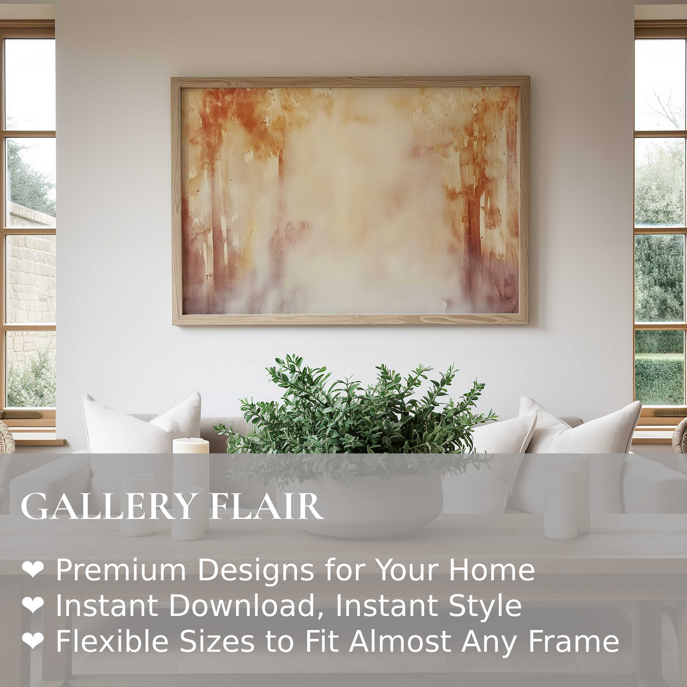 Elegant abstract watercolor Wall Art Print in warm tones, set in a serene, modern living space with natural light