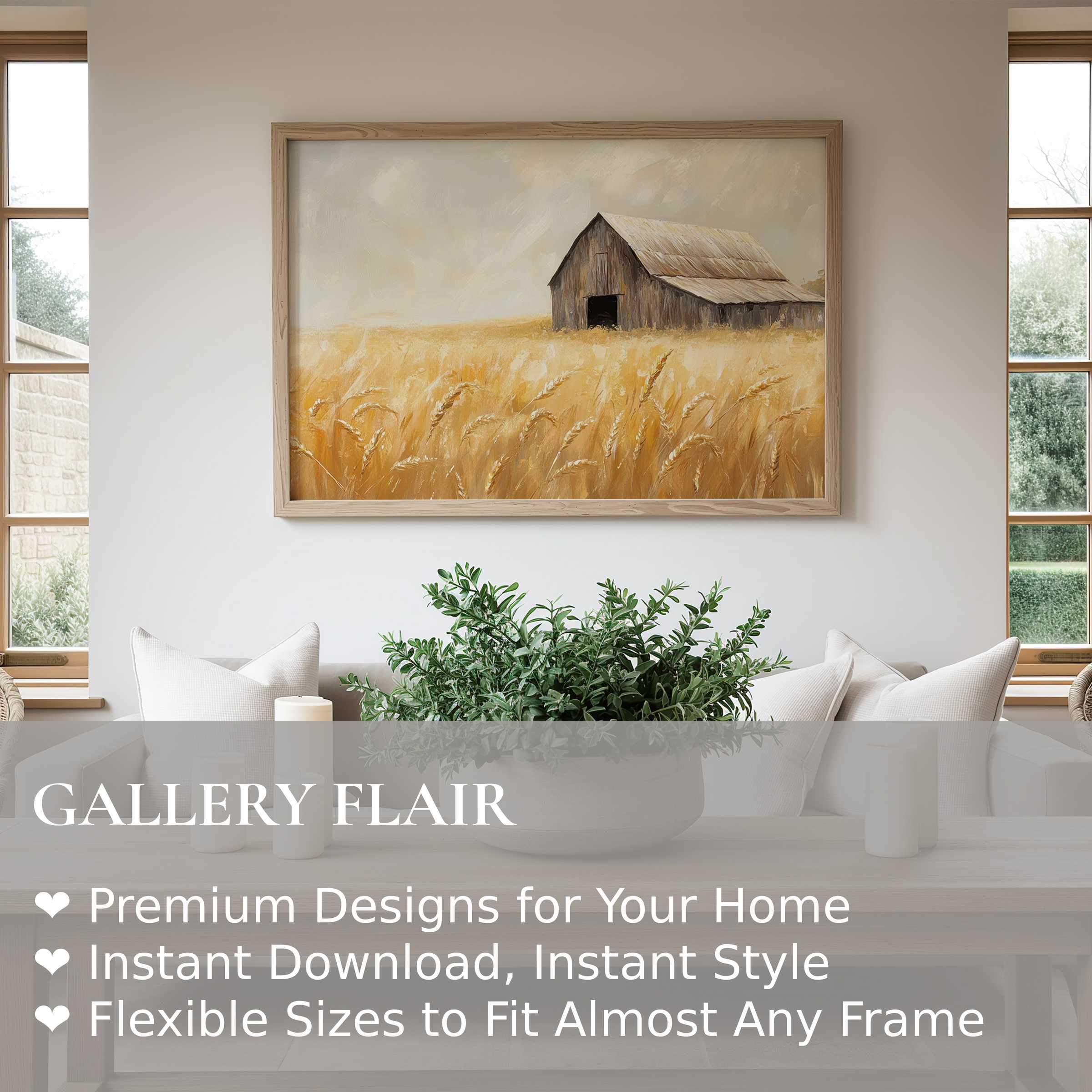Rustic barn in golden wheat field, muted tones, serene and elegant Wall Art Print for refined interiors