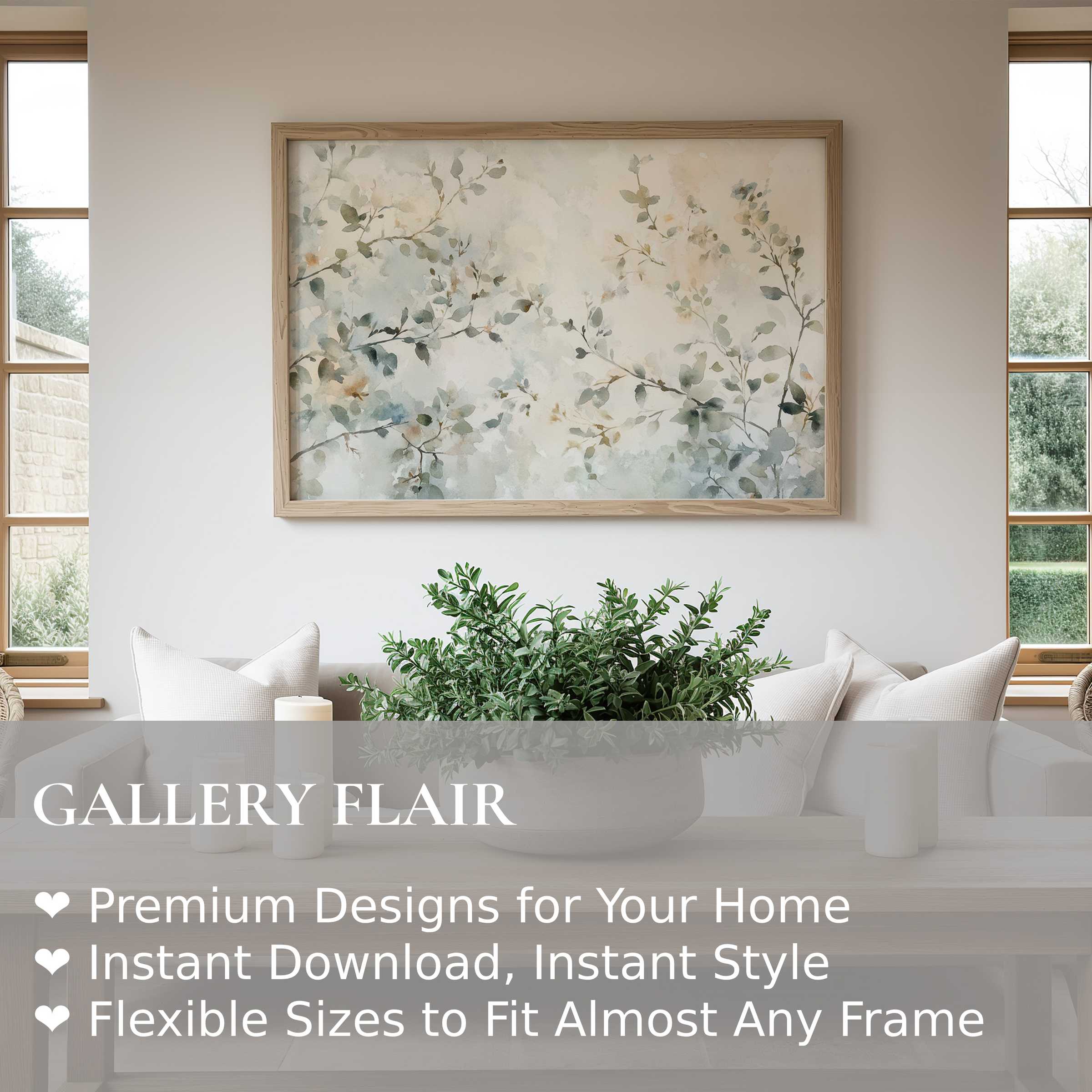 Elegant watercolor botanical Wall Art Print in a serene, modern living space with natural light and greenery
