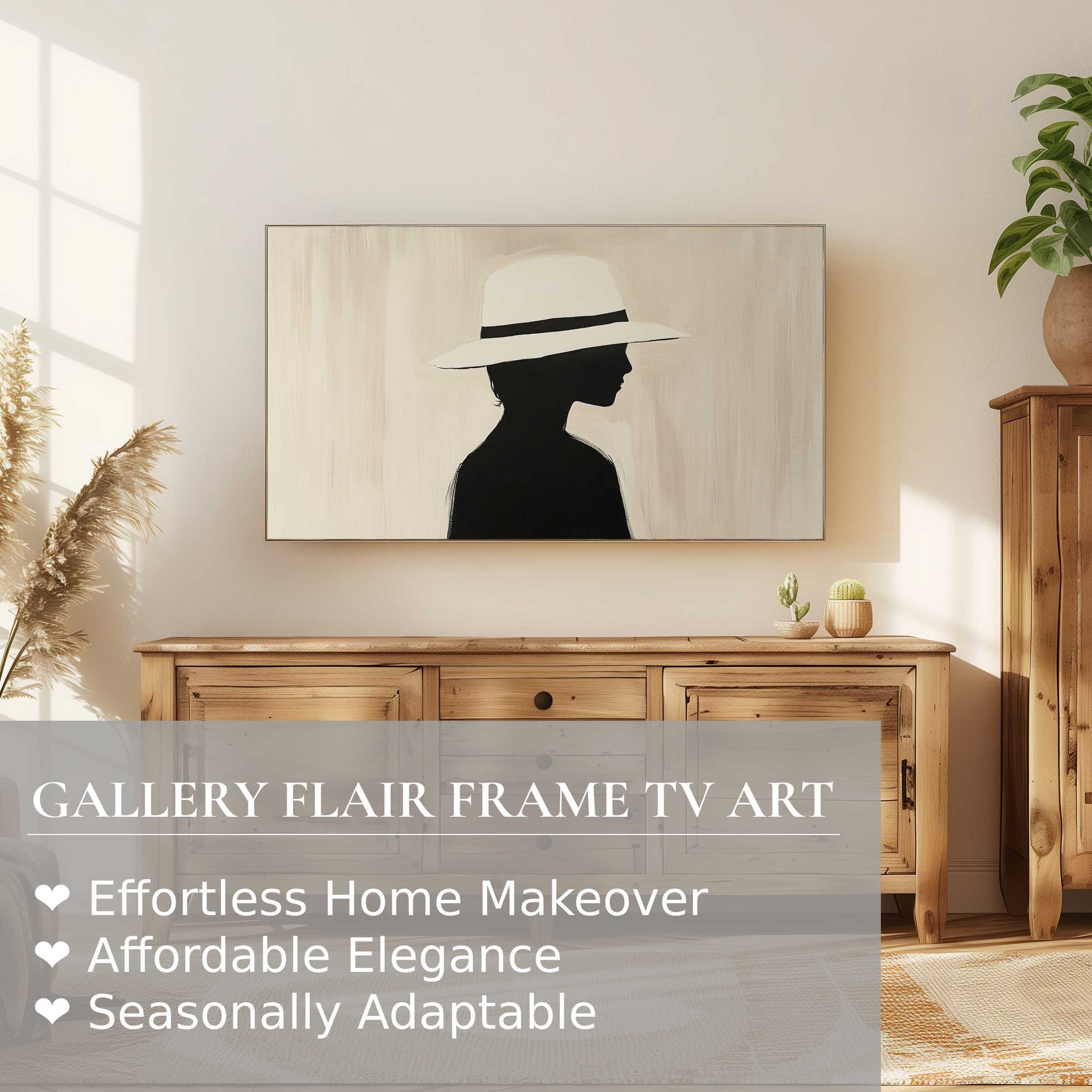 Minimalist neutral room with wooden console; Samsung Frame TV shows silhouette digital artwork, modern gallery decor