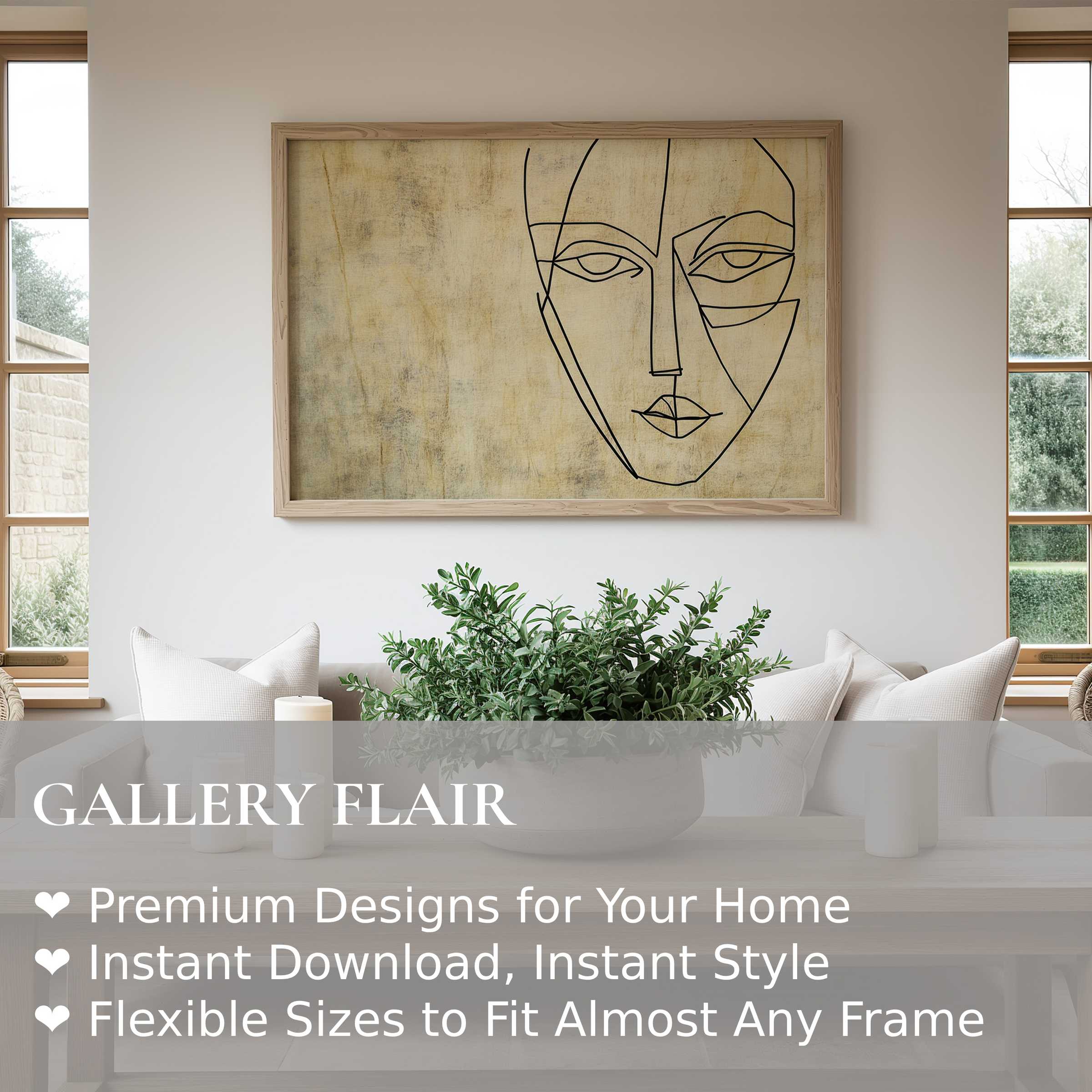 Modern abstract line art of a face on textured canvas in a serene living room setting Wall Art Print