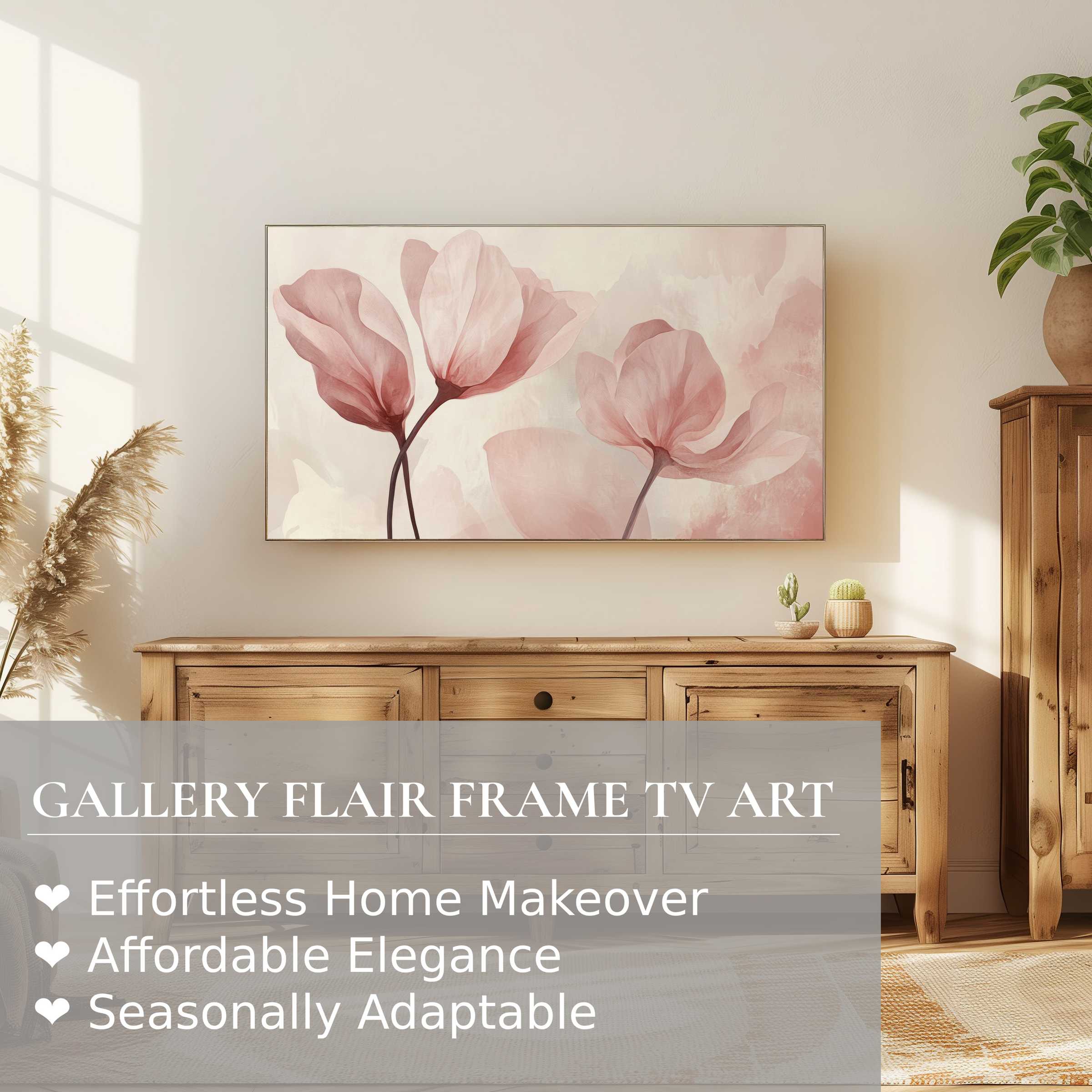 Elegant modern living room with Samsung Frame TV displaying soft pink floral digital artwork above rustic wood console