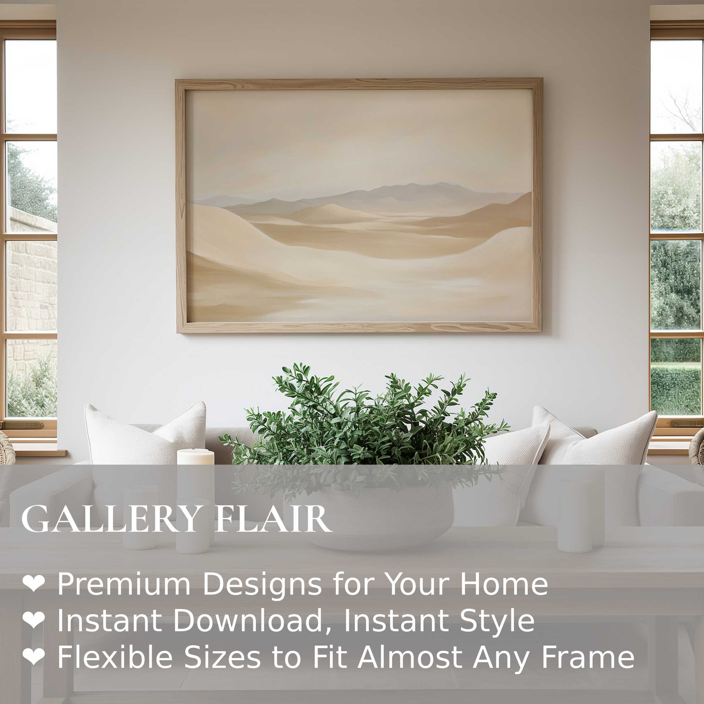 Minimalist desert landscape in neutral tones, framed elegantly above a modern sofa; Wall Art Print for refined spaces