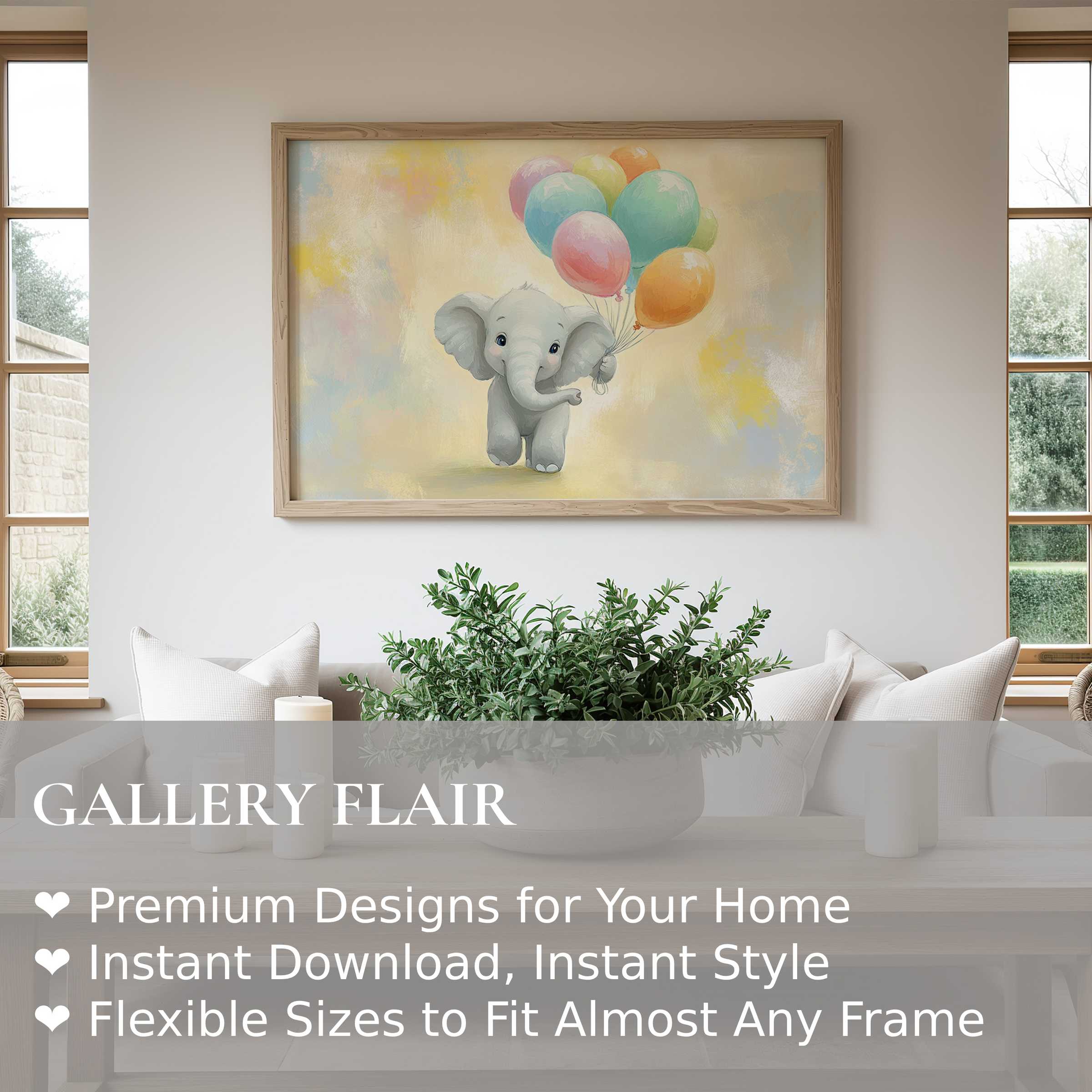 Charming pastel elephant with balloons in soft hues, framed gracefully in a serene modern living room Wall Art Print
