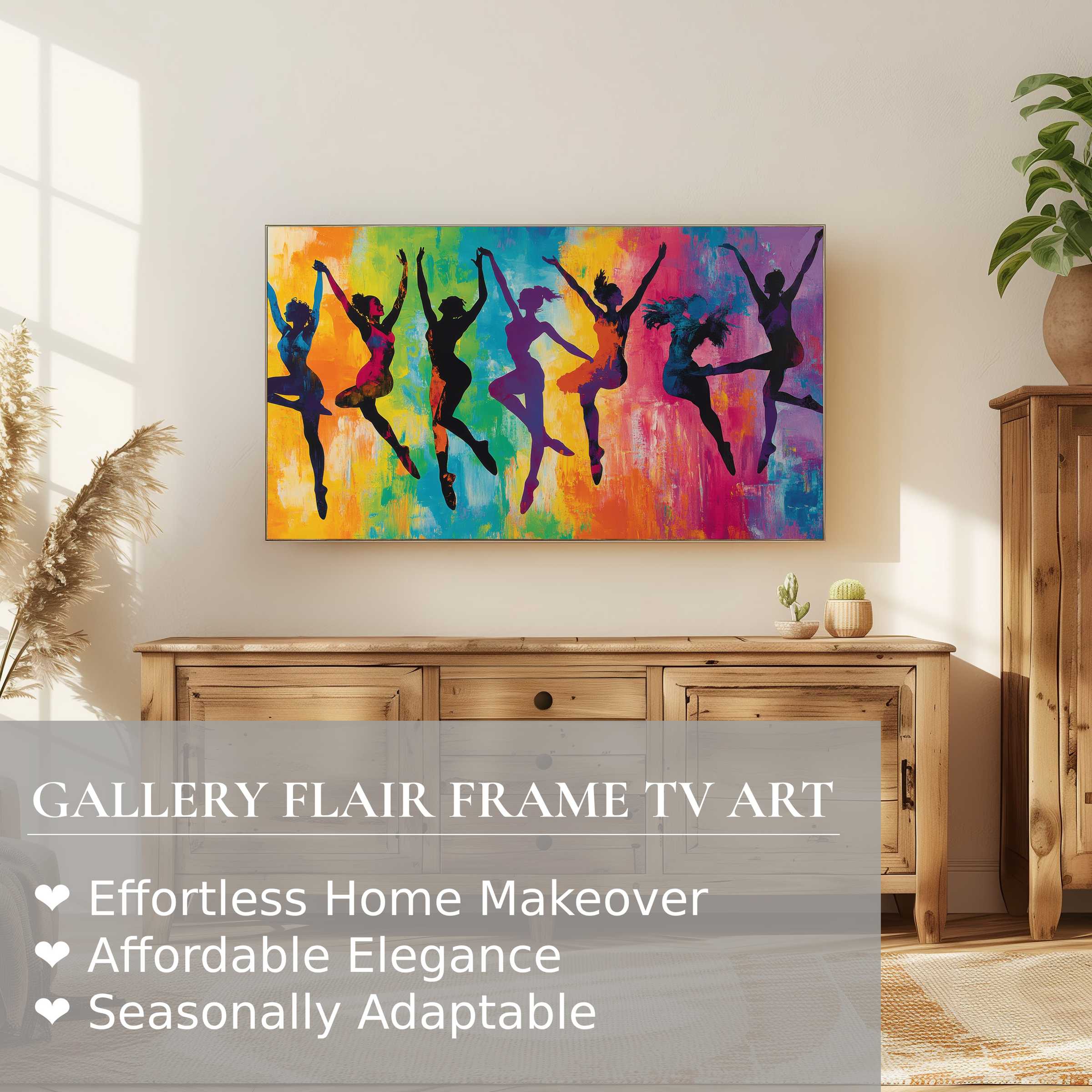 Refined interior with Samsung Frame TV displaying ballet silhouettes, vibrant digital artwork, modern gallery
