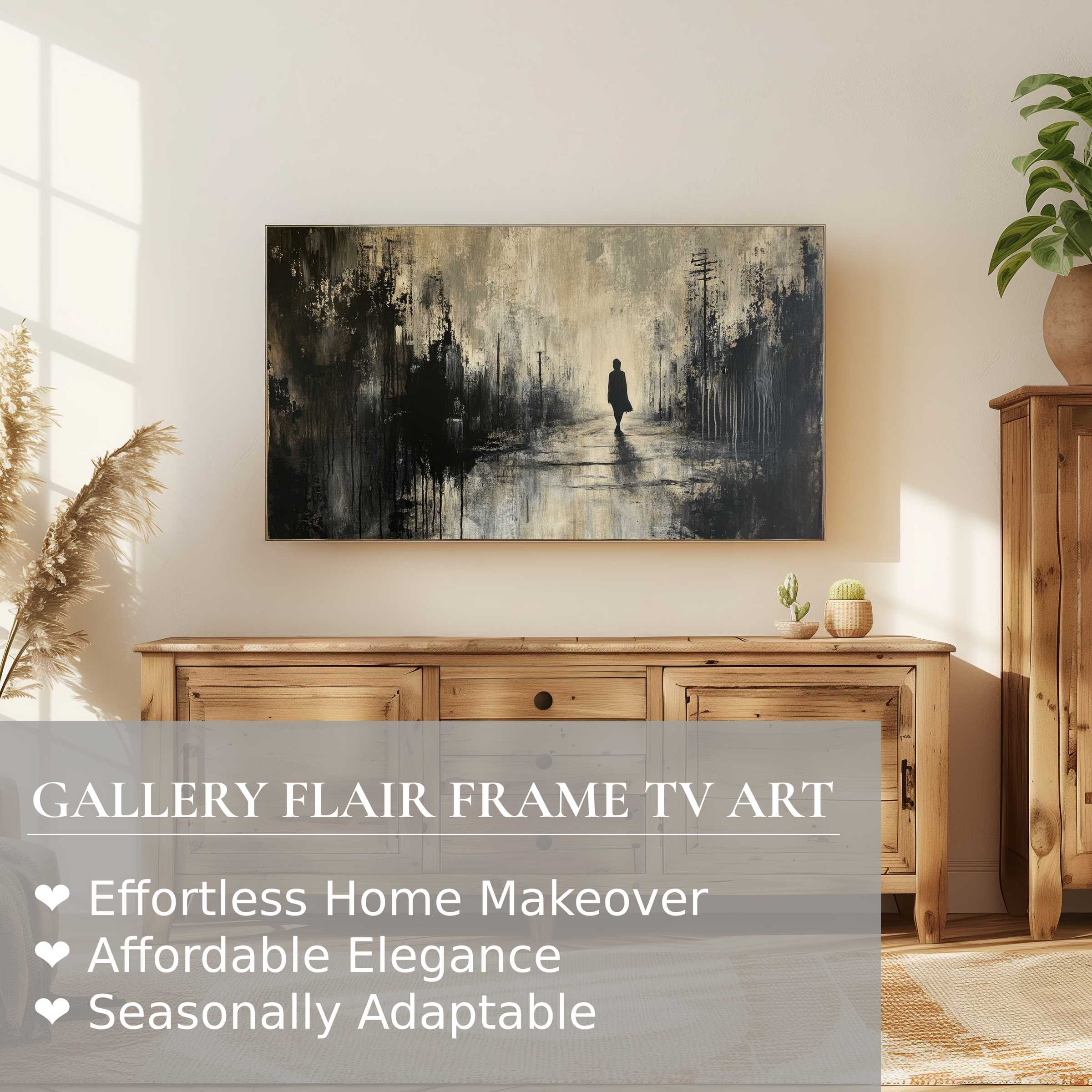 Samsung Frame TV displaying moody abstract digital artwork: lone figure in muted tones, modern rustic elegance