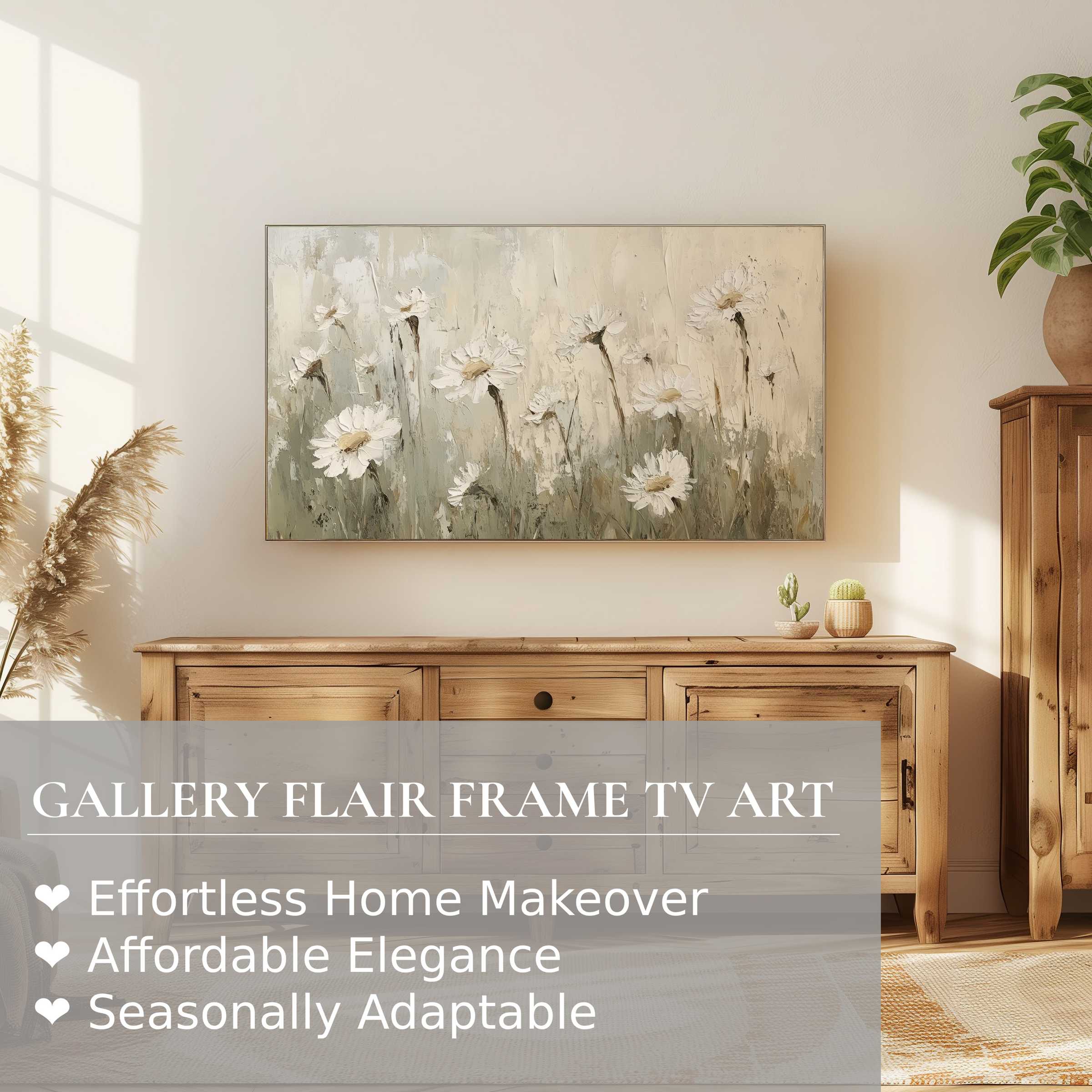Neutral minimalist living room: Samsung Frame TV shows soft impressionist floral digital artwork above wooden console
