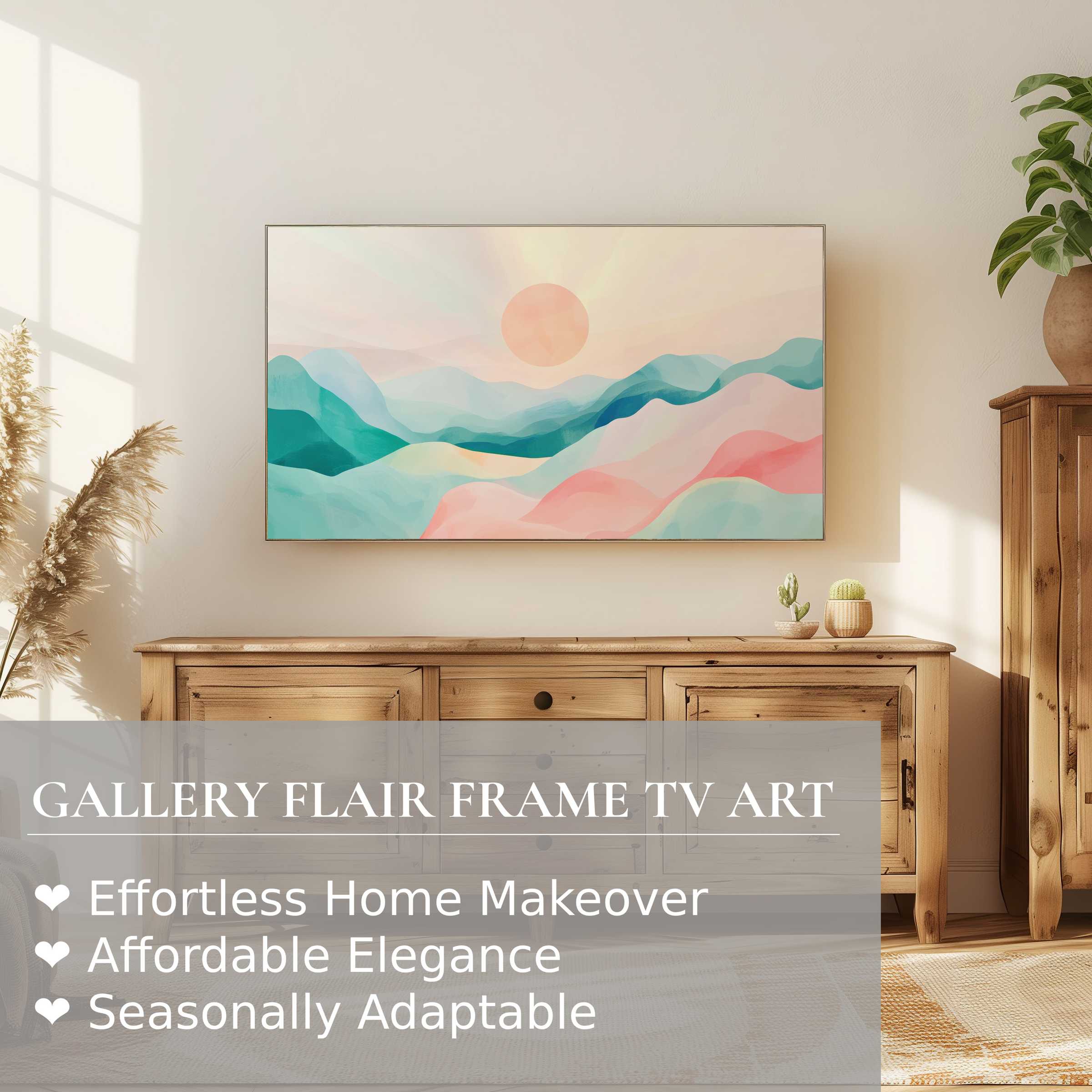 Samsung Frame TV displaying modern digital artwork of pastel mountains, perfect for elegant, refined home decor