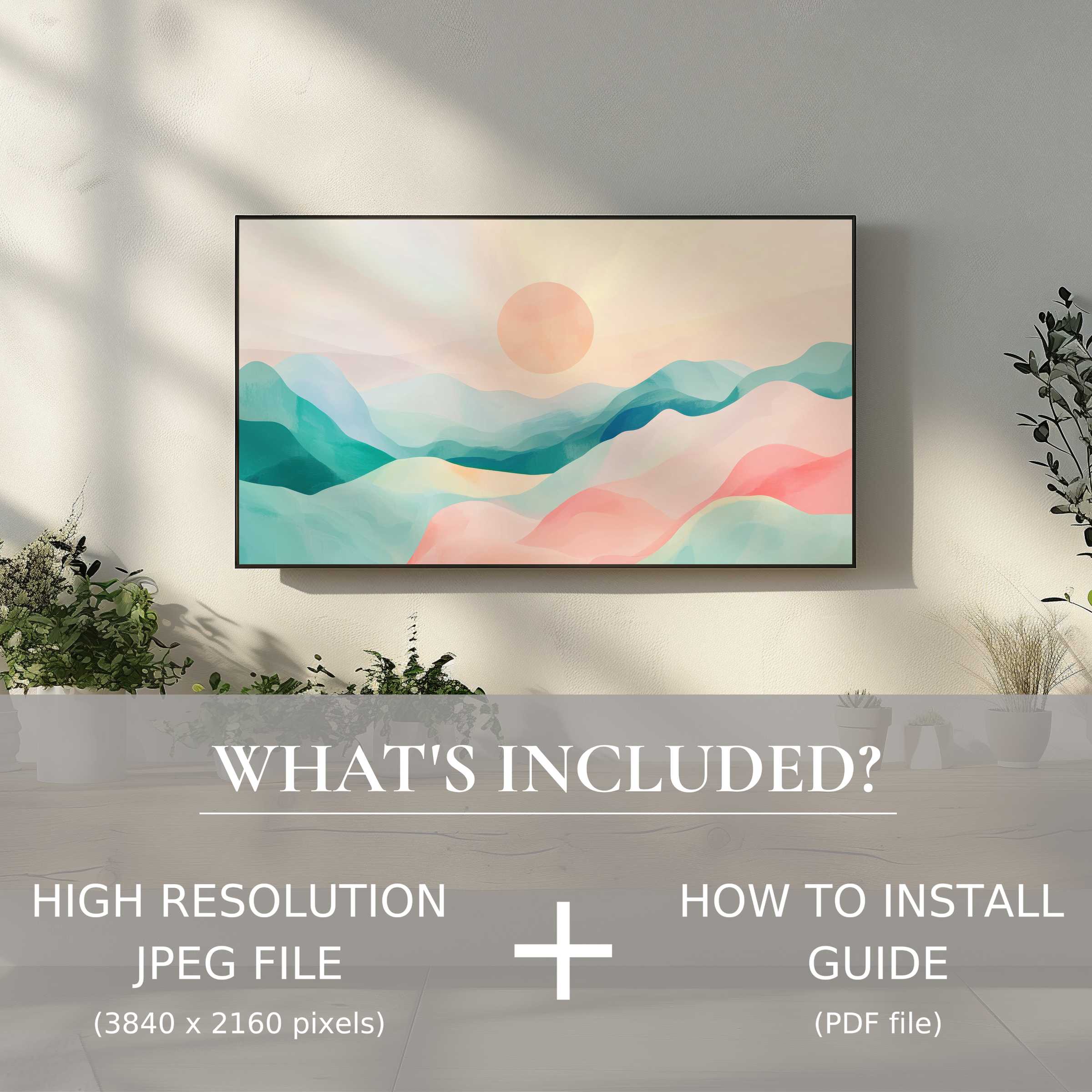 Modern digital TV art download with easy use, elevating living space with soft pastel landscape elegance
