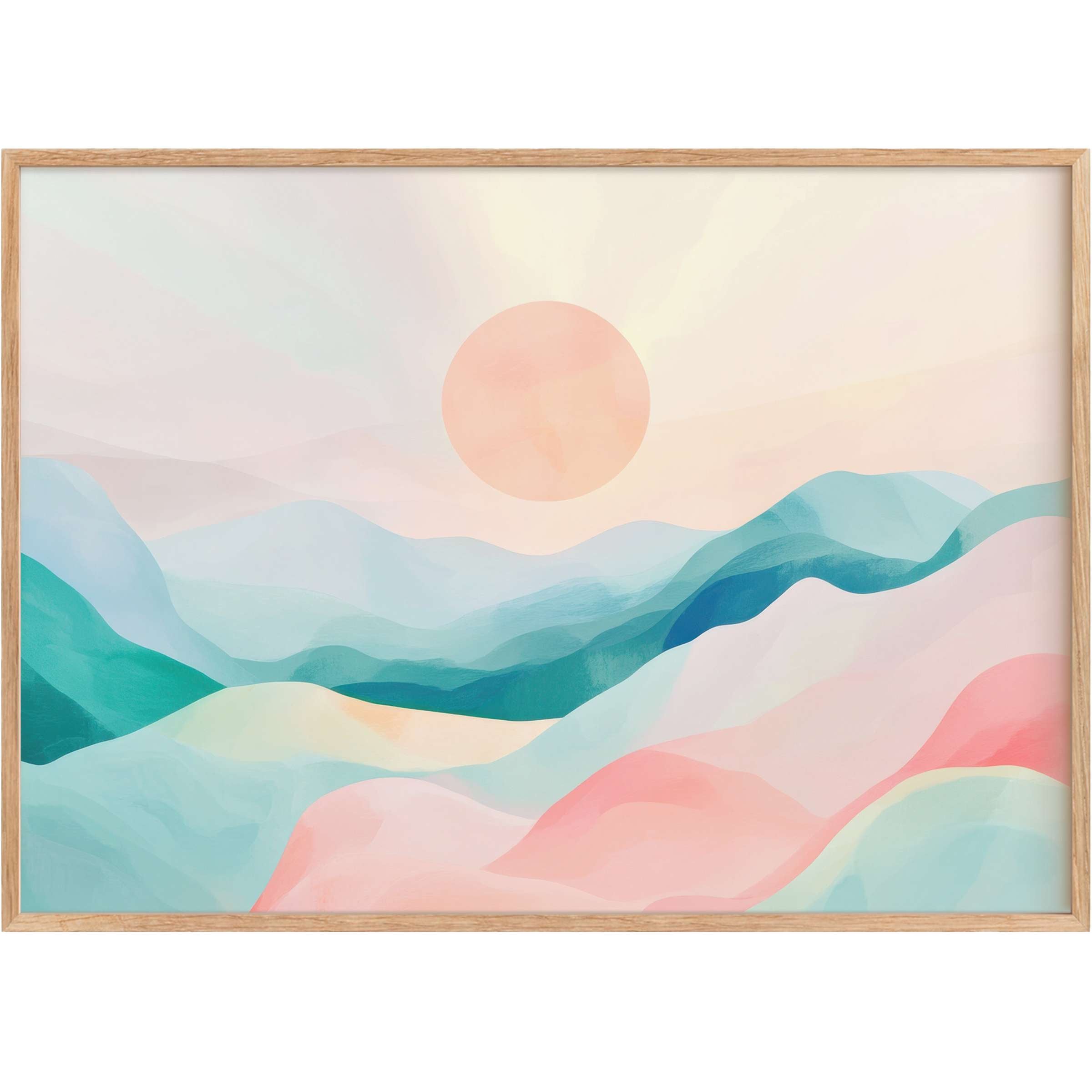 Serene modern printable wall art with soft pastel hills and a warm peach sun, creating a calming, elegant ambiance