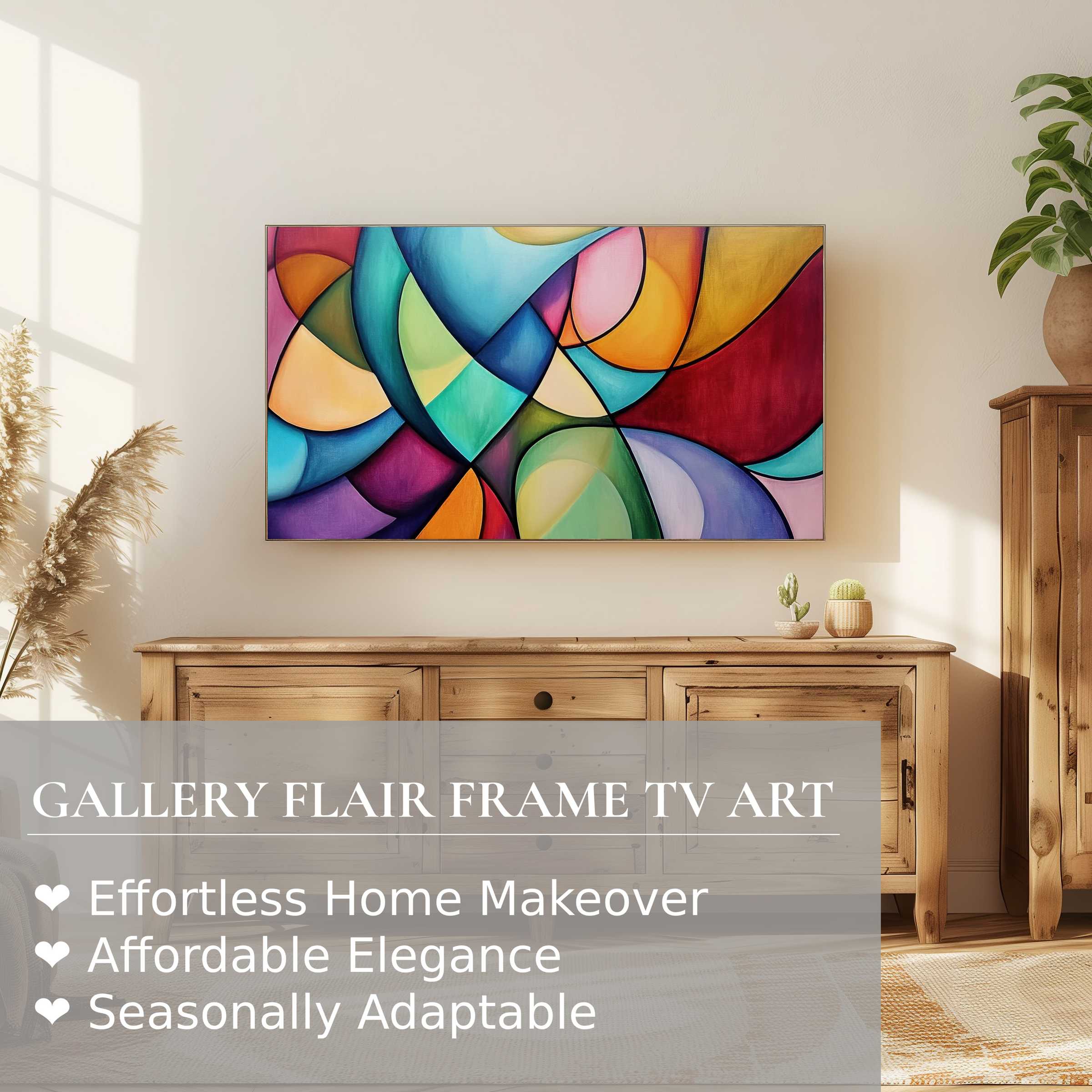 Modern living room with warm wood tones, Samsung Frame TV showcasing vivid abstract digital artwork