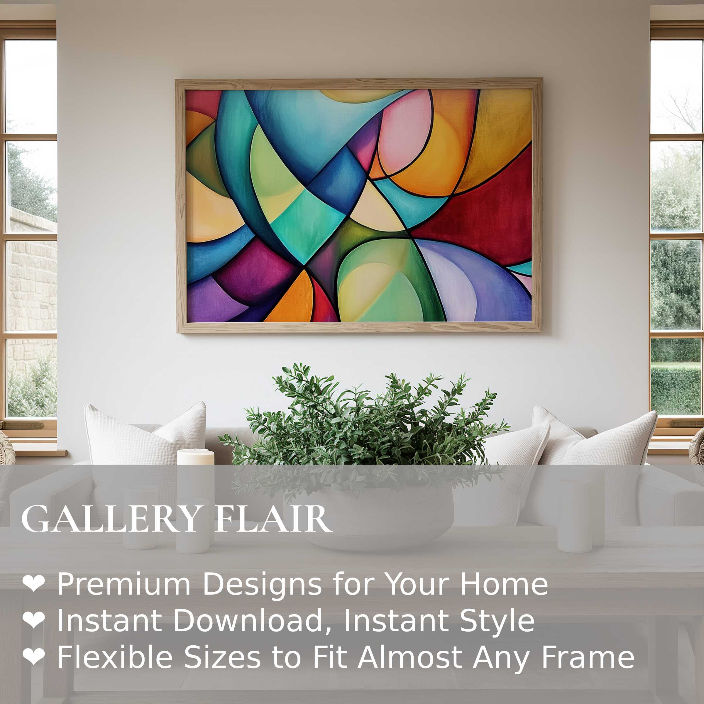 Vibrant abstract wall art print with bold, flowing shapes in a modern living room, elevating minimal decor with artistic energy