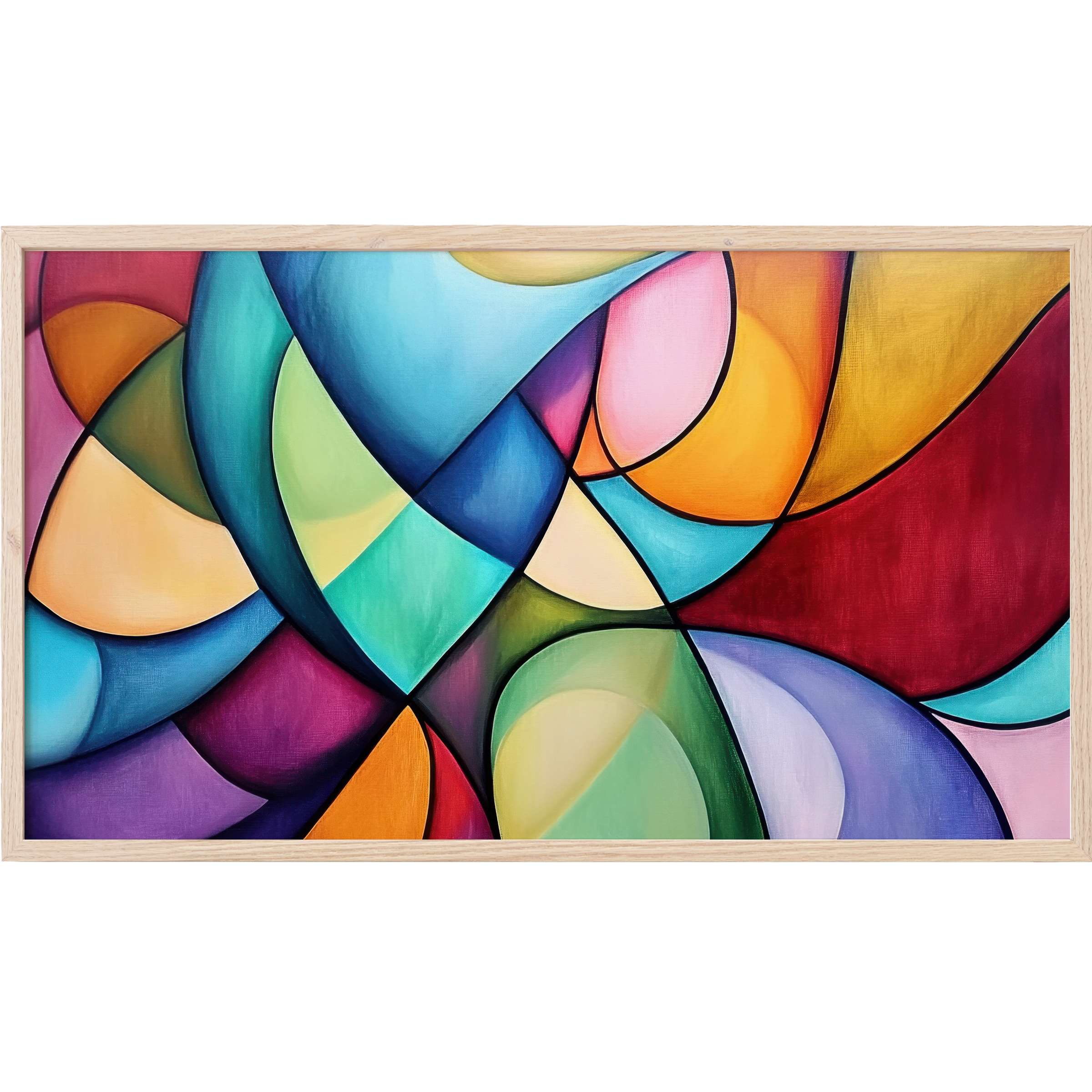 Vibrant, flowing shapes in blues, greens, reds, and oranges create a dynamic abstract Frame TV Art statement piece