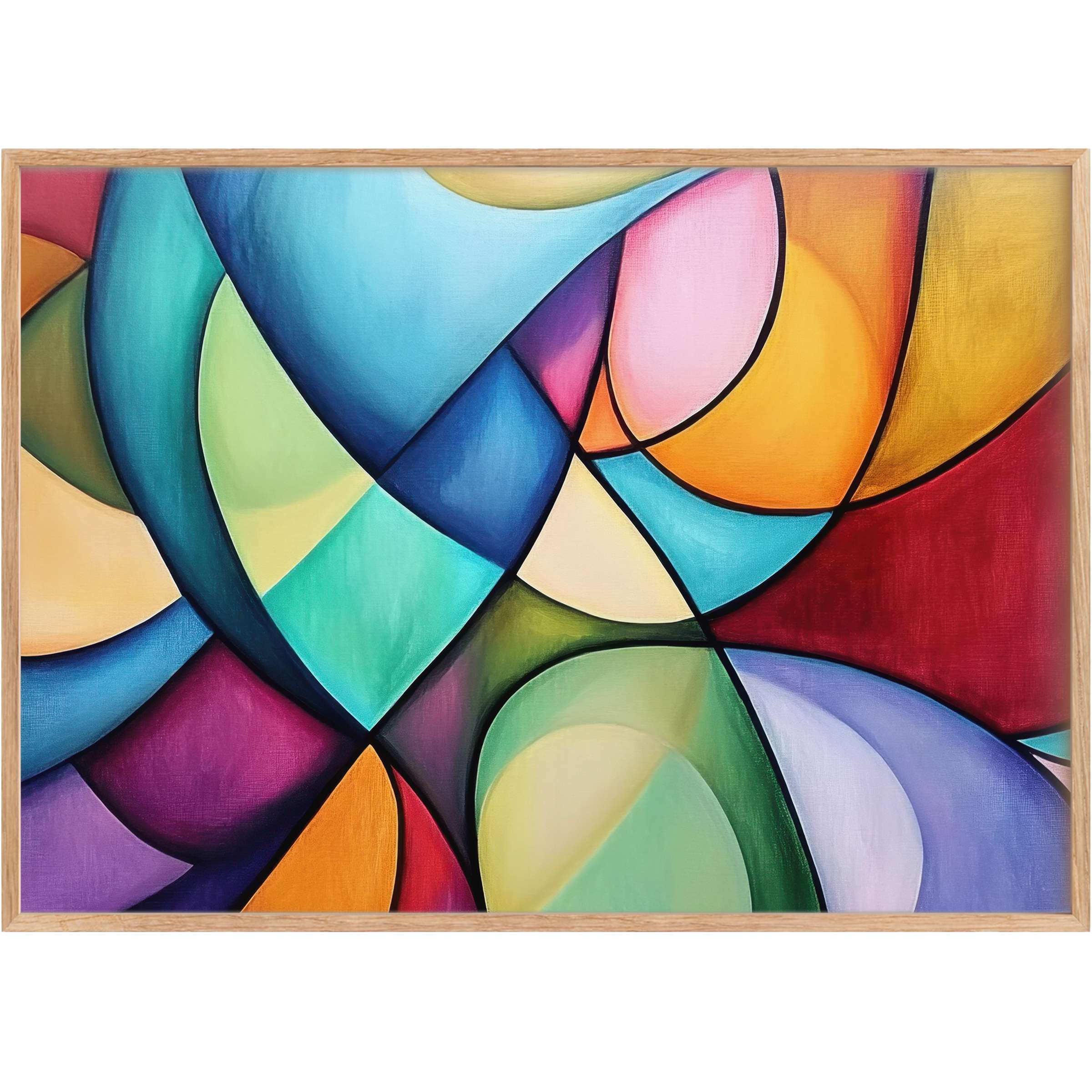 Vibrant abstract printable wall art blending bold blues, warm oranges, and soft greens to create a dynamic, uplifting atmosphere