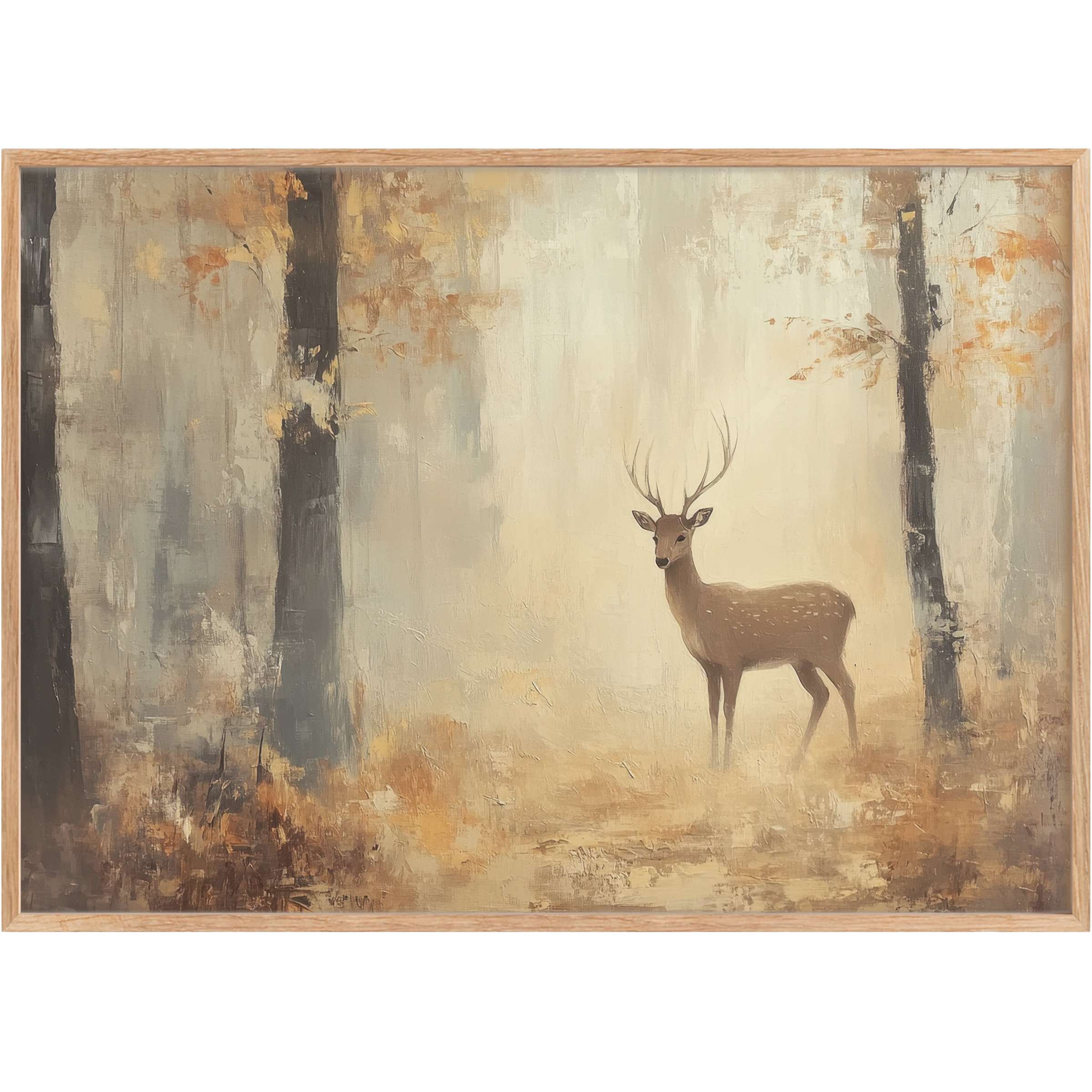 Ethereal fall printable wall art capturing a serene deer amid misty amber woods, evoking calm and timeless elegance
