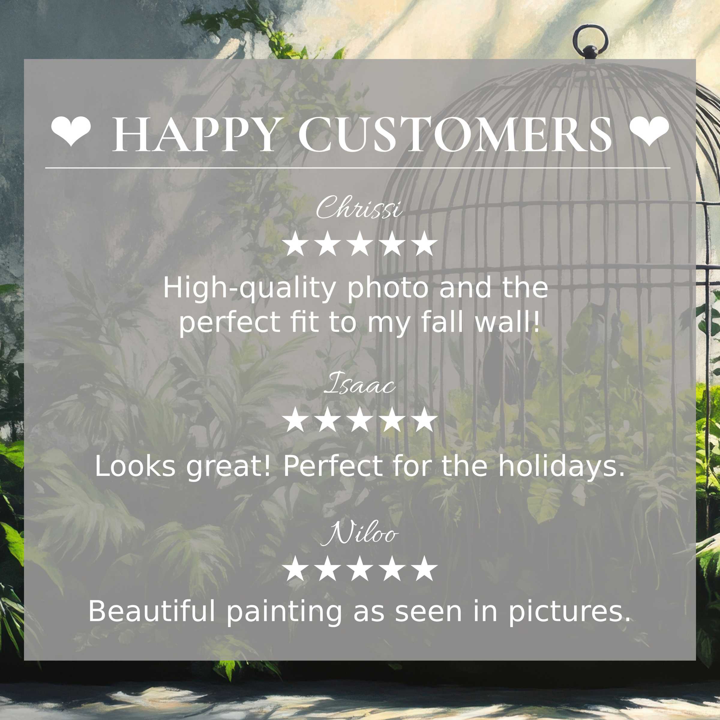 Street art for Frame TV with lush greenery background, showcasing happy customer reviews and elegant design