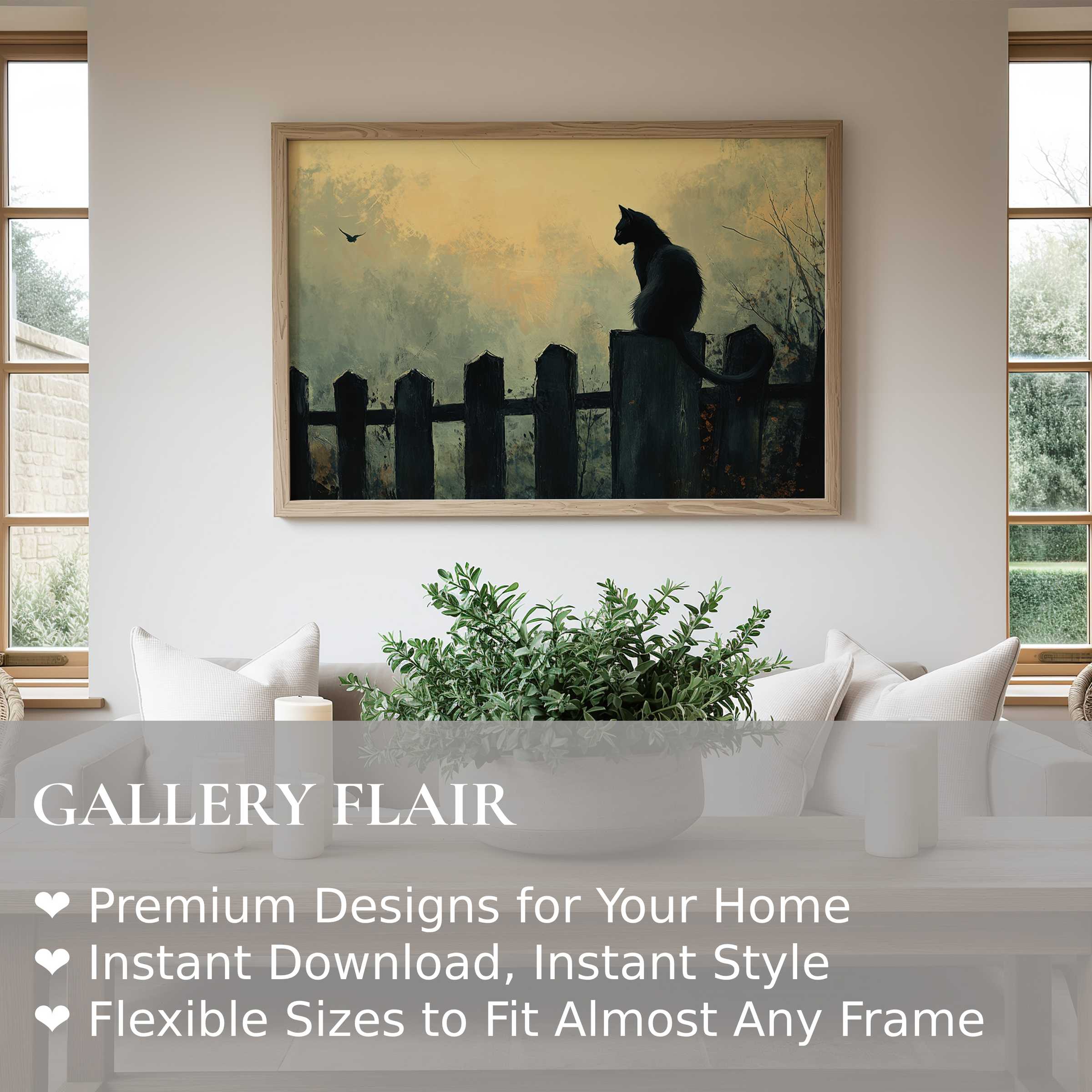 Eerie halloween wall art print of a silhouetted black cat perched on a weathered fence, evoking bold, moody ambiance Enhances minimalist, contemporary interiors with mysterious charm and autumnal allure
