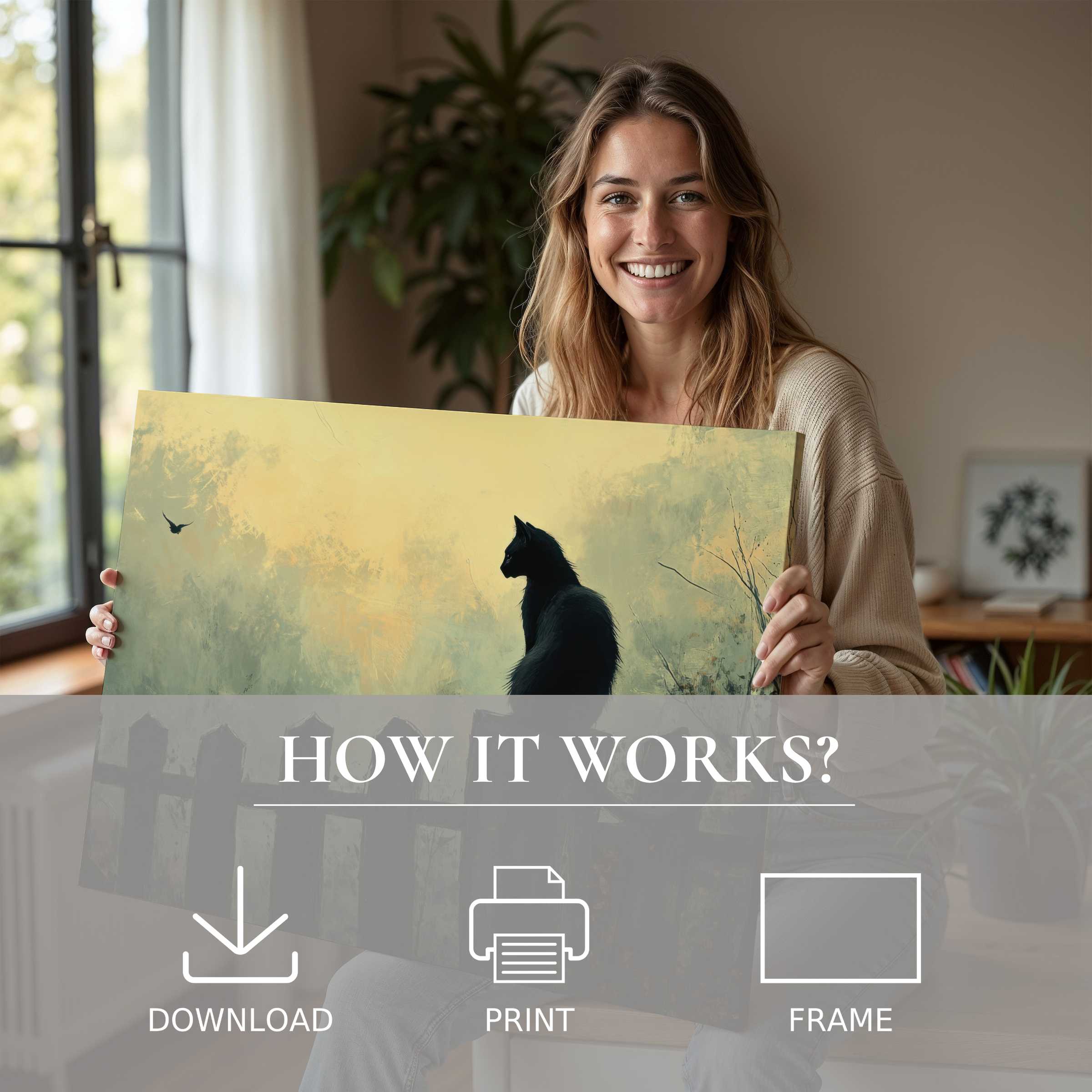 A woman’s serene smile radiates joy as she unveils a Halloween digital art print, blending mystic charm with effortless elegance