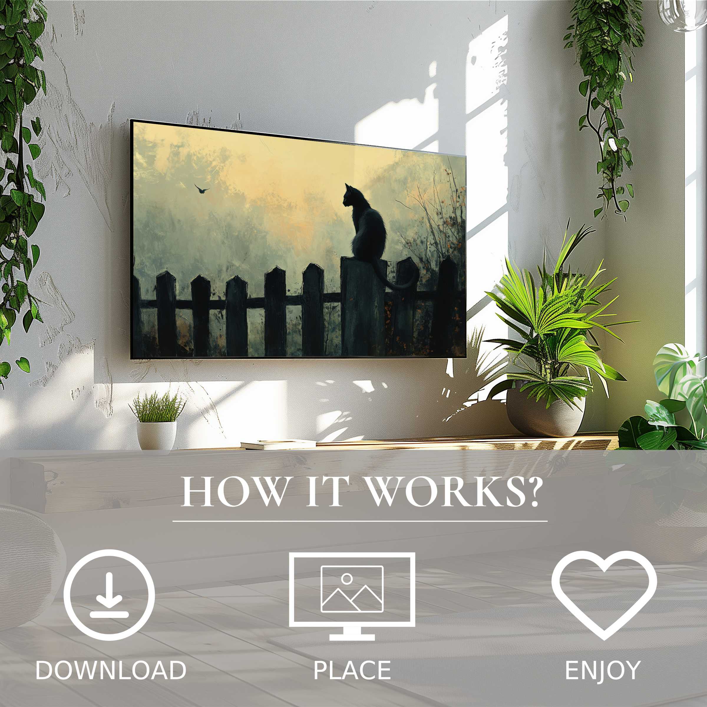 Modern living room with easy digital download; halloween art for Samsung TV shows a moody cat silhouette at dusk