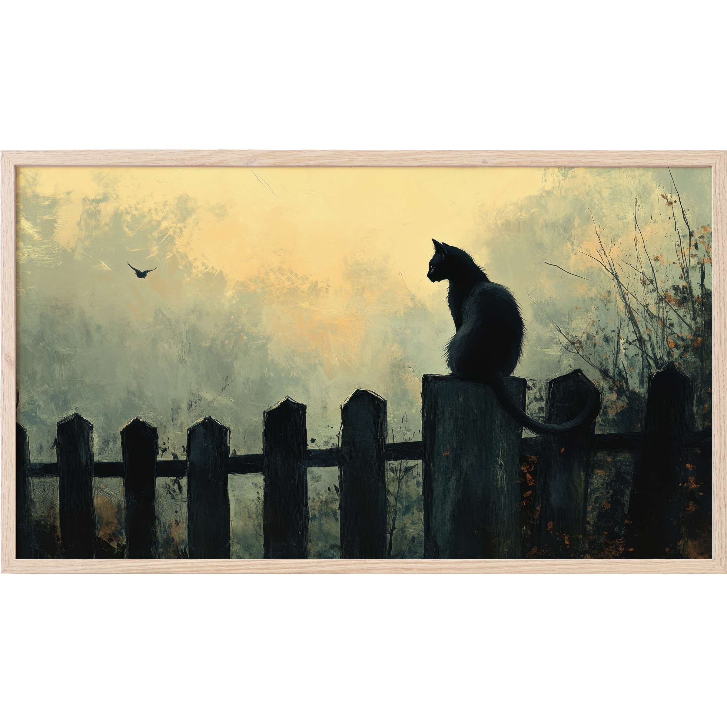 Elegant silhouette of a black cat on a weathered fence at dusk, muted tones evoke calm mystery, halloween Frame TV Art