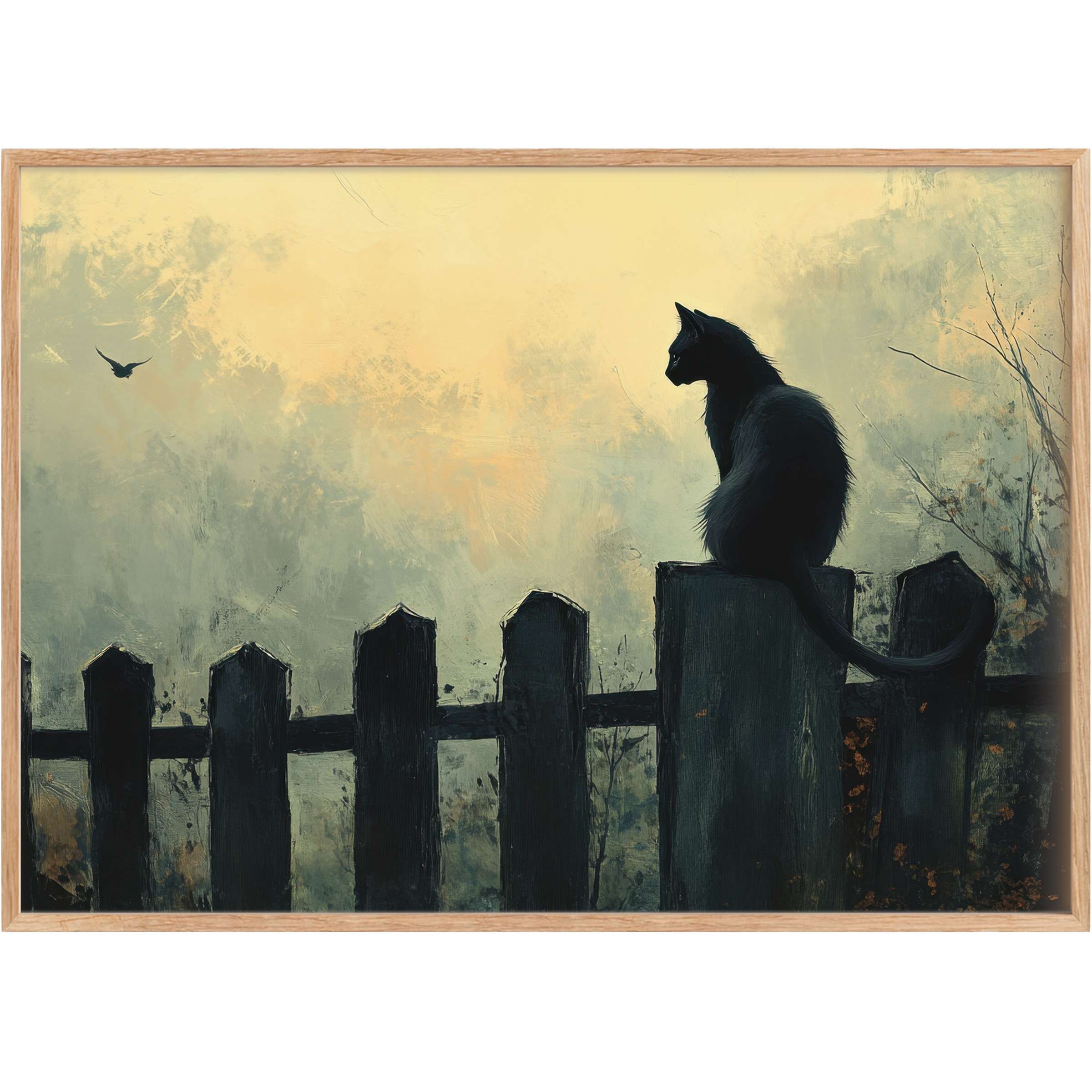 Elegant halloween printable wall art capturing a serene black cat against muted gold and deep charcoal hues, evoking quiet mystery and timeless charm