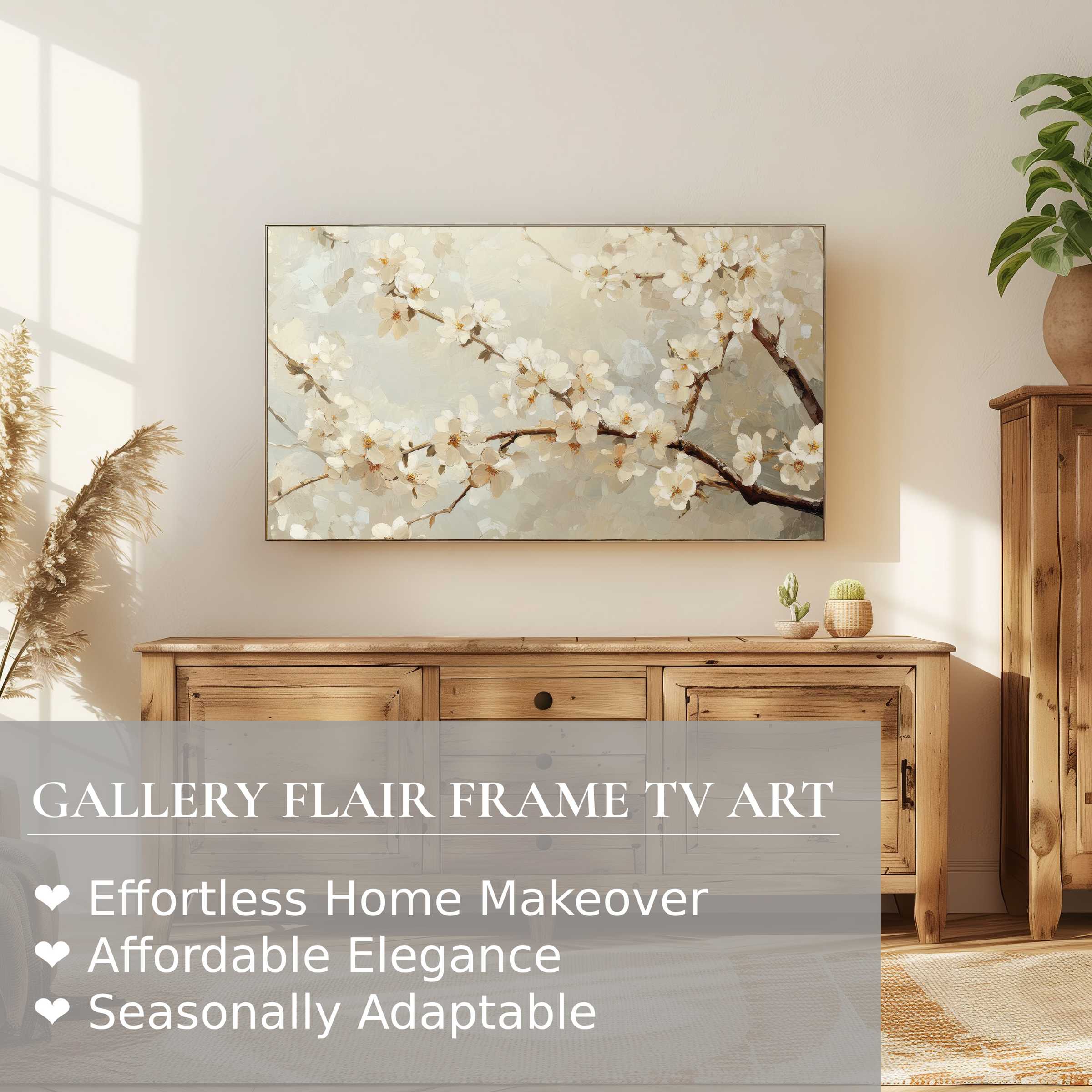 Samsung Frame TV displays elegant tree digital artwork of soft blossoms, perfect for refined, modern home decor