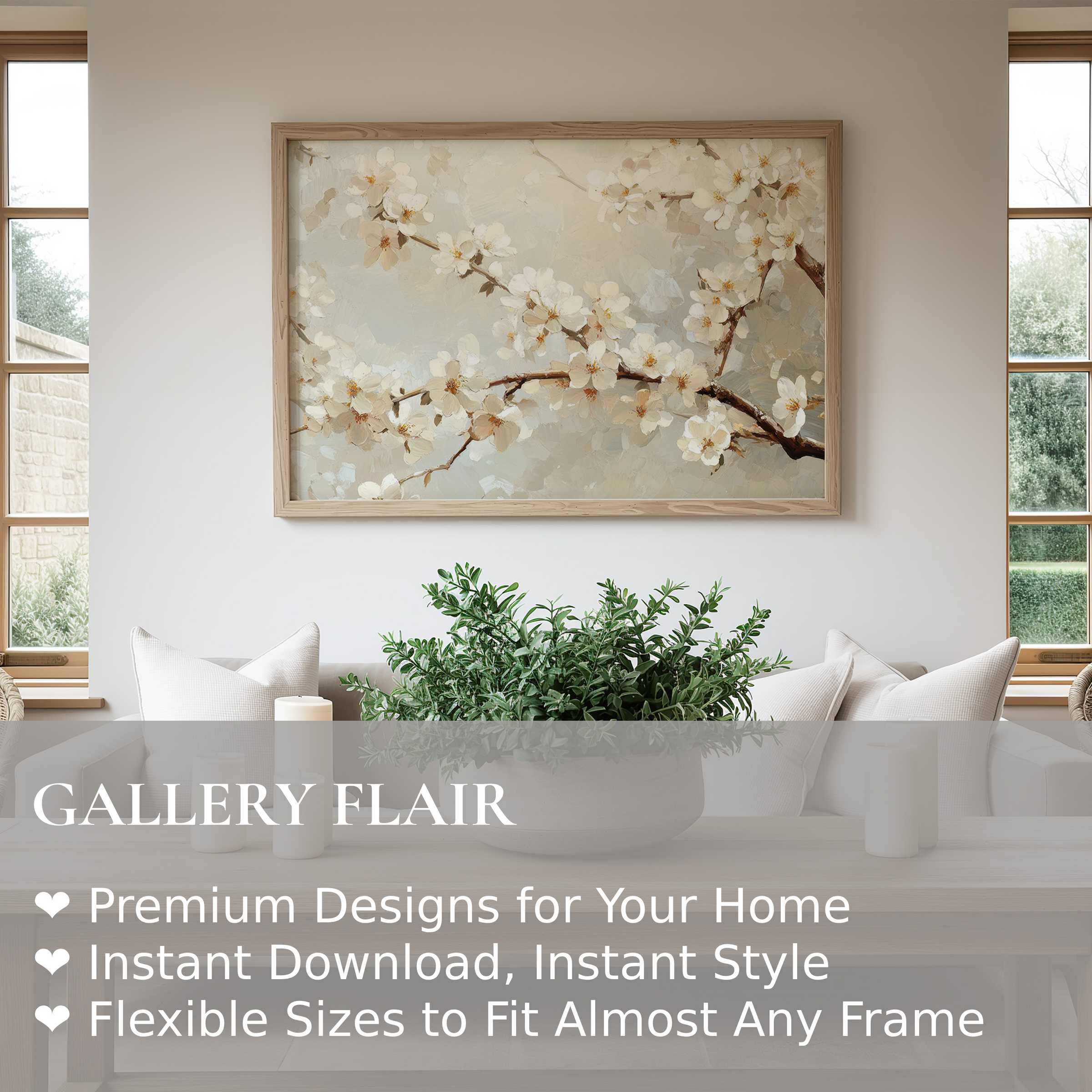 Elegant tree wall art print featuring soft white blossoms on muted branches, enhancing serene modern living rooms with natural charm