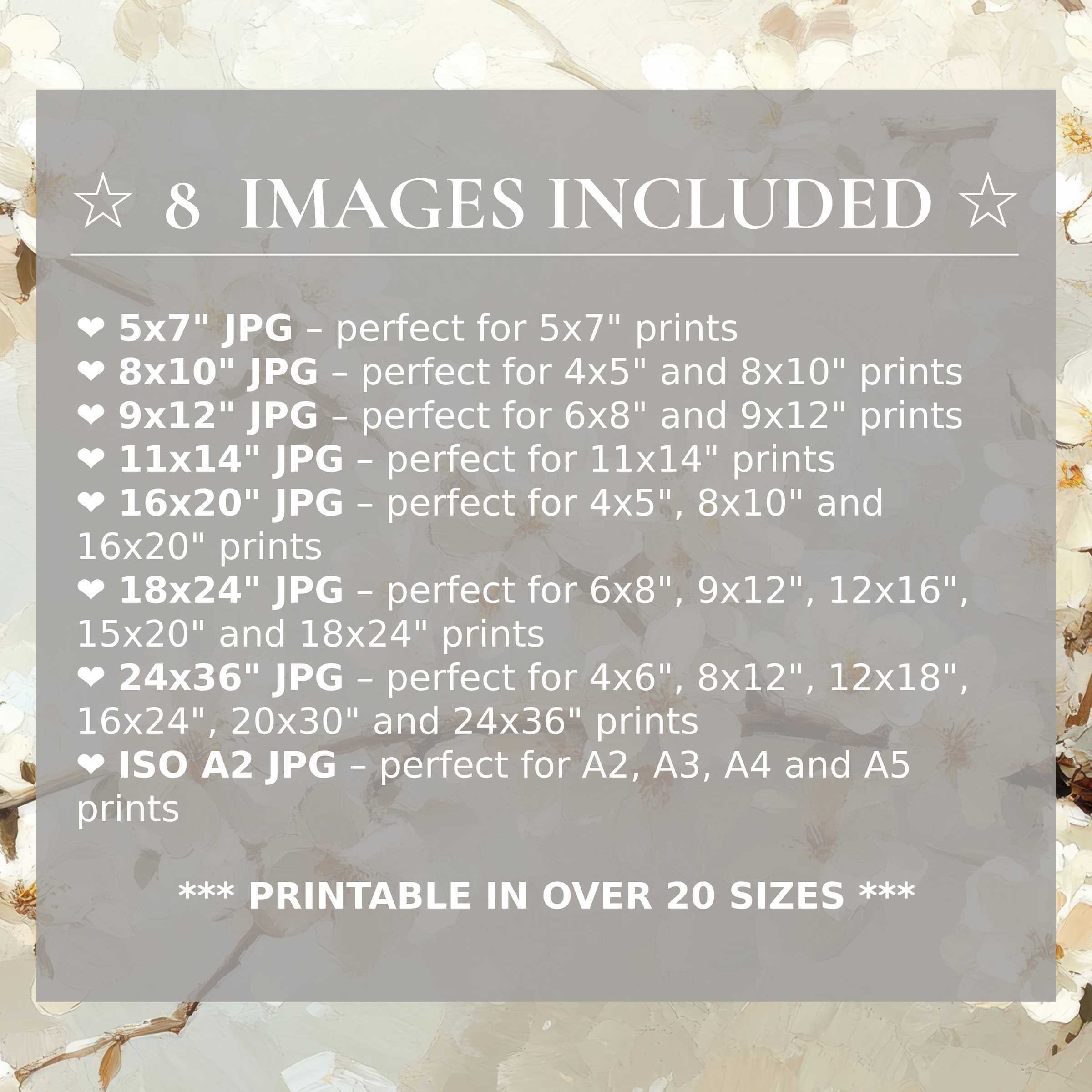Print size guide showing 8 included JPG formats for versatile wall art printing – perfect for framing in popular sizes from 5x7 to 24x36 and A2
