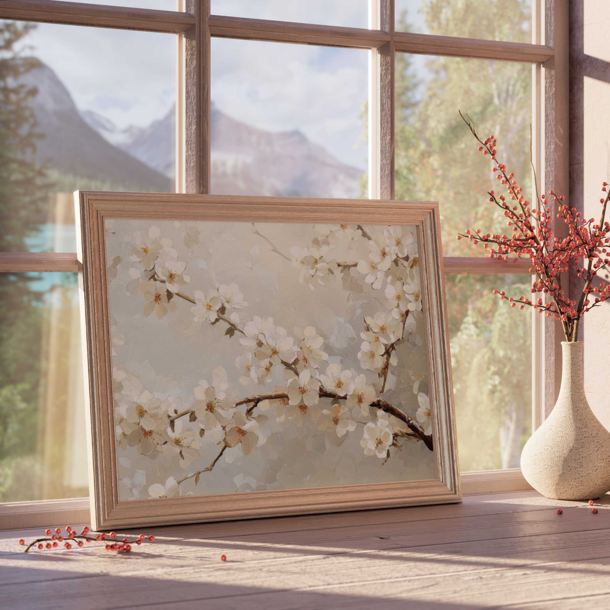 Elegant tree downloadable art featuring delicate white blossoms, enhancing serene, curated interiors with timeless tranquility and natural beauty