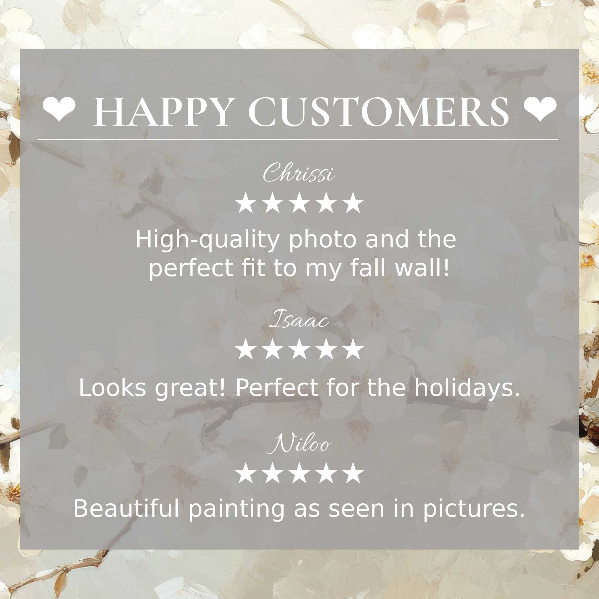 Elegant trees art for Frame TV with soft floral background, showcasing happy customer reviews that inspire trust and style