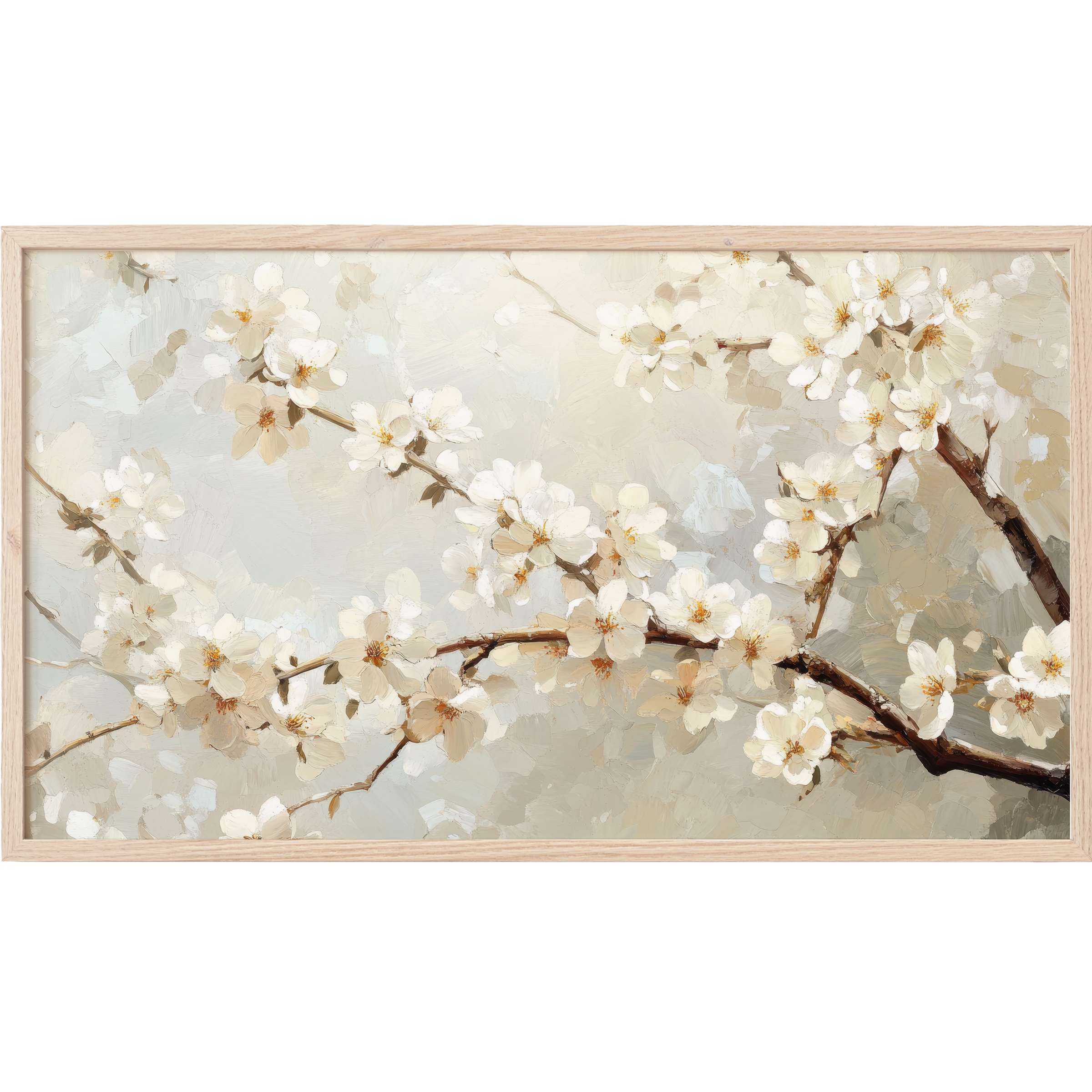 Soft white blossoms on delicate brown branches in muted beige tones, elegant tree Frame TV Art for modern interiors