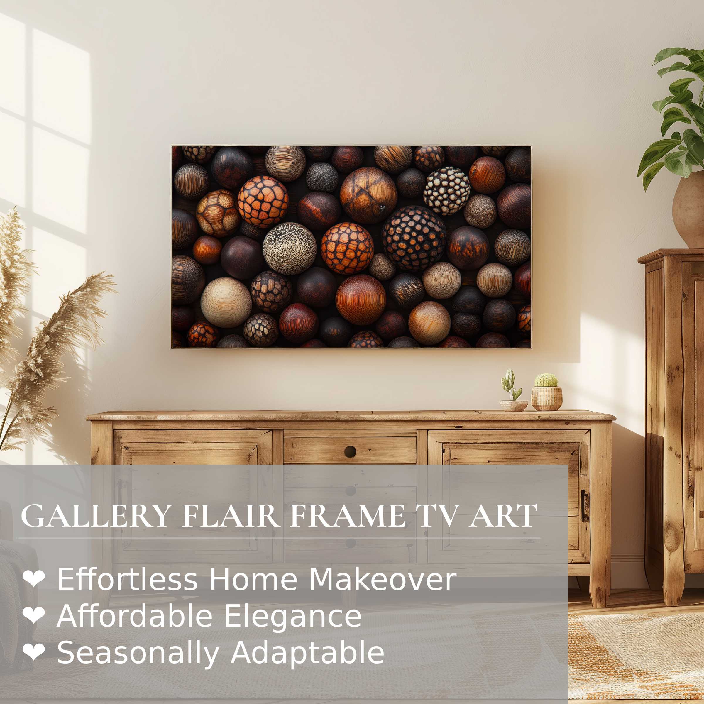 Samsung Frame TV with boho digital artwork of textured natural spheres in warm tones, perfect for elegant modern decor