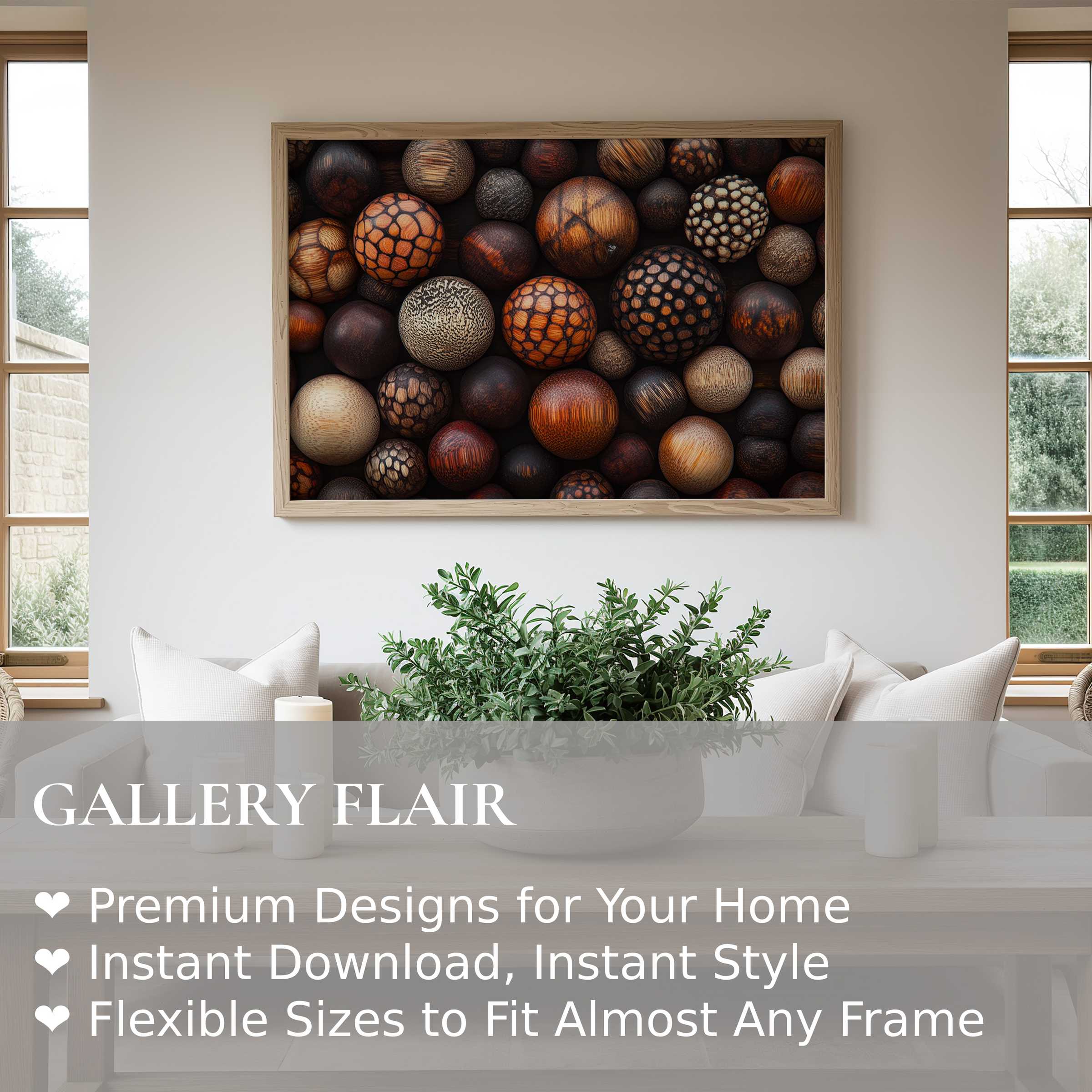 Boho wall art print featuring textured wooden spheres in warm earth tones, adding rustic charm and depth to a modern minimalist living room