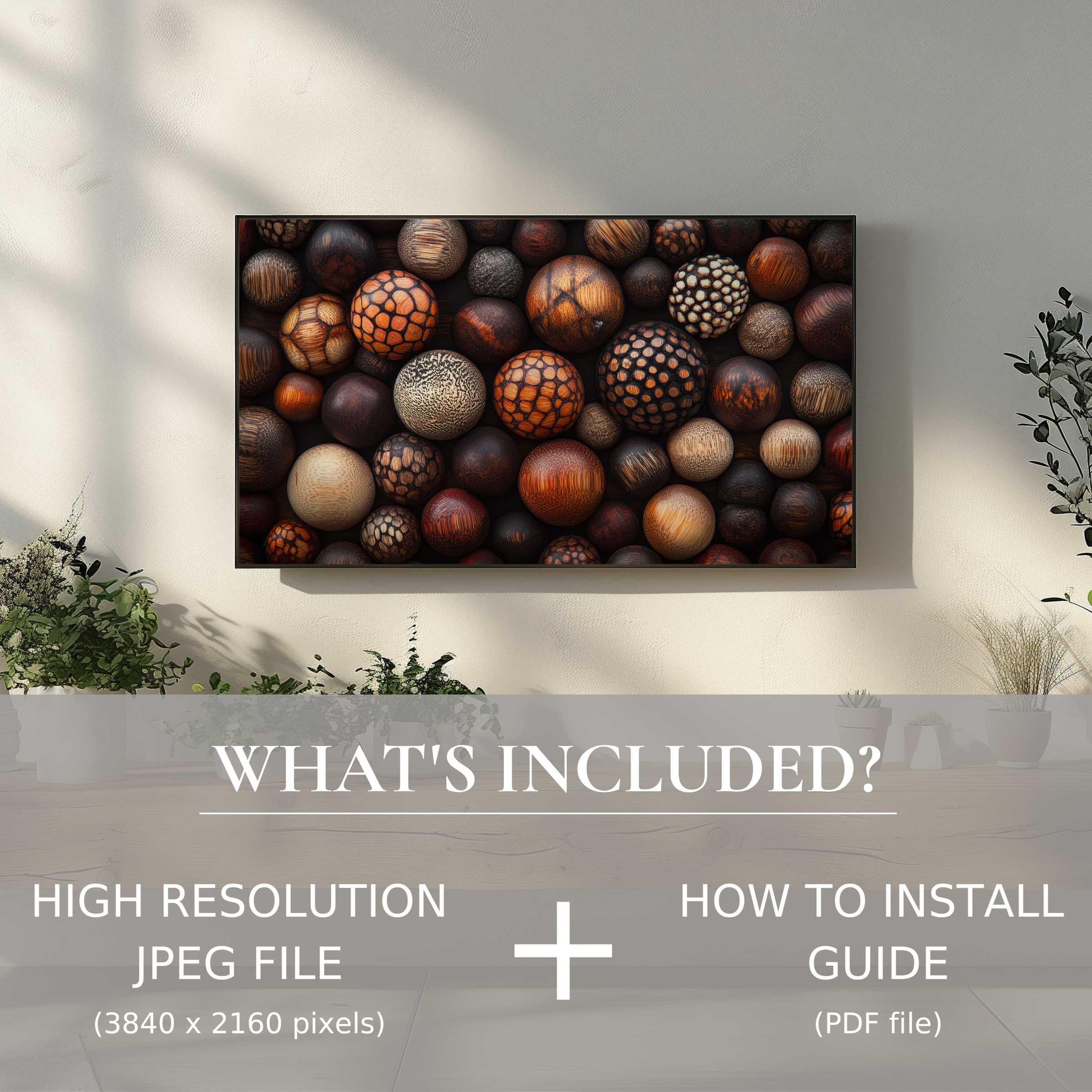 Elegant boho digital TV art download with textured spheres, enhancing modern living spaces through easy digital use