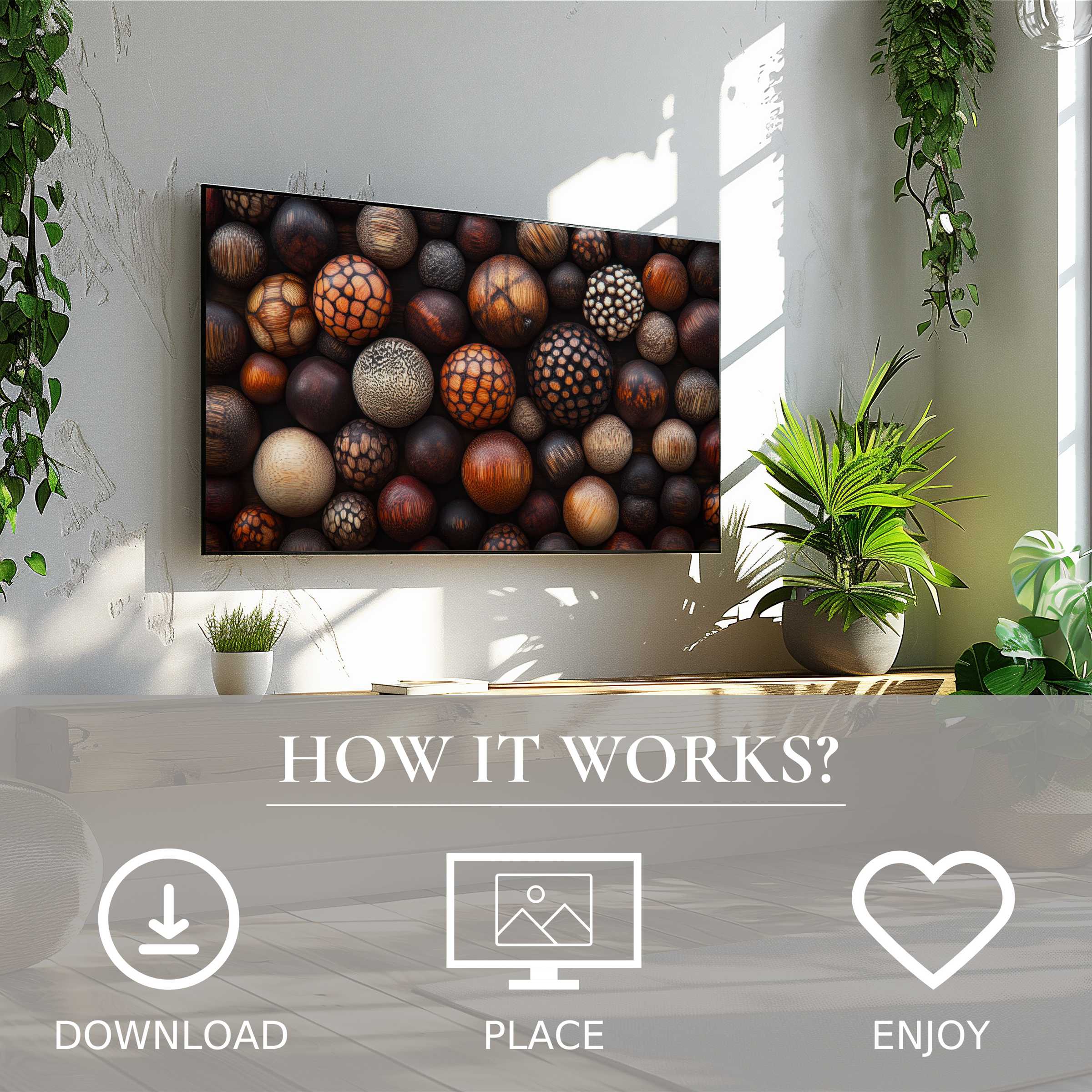 Bright modern living space with easy digital download boho art for Samsung TV featuring warm, textured wooden sphere motif