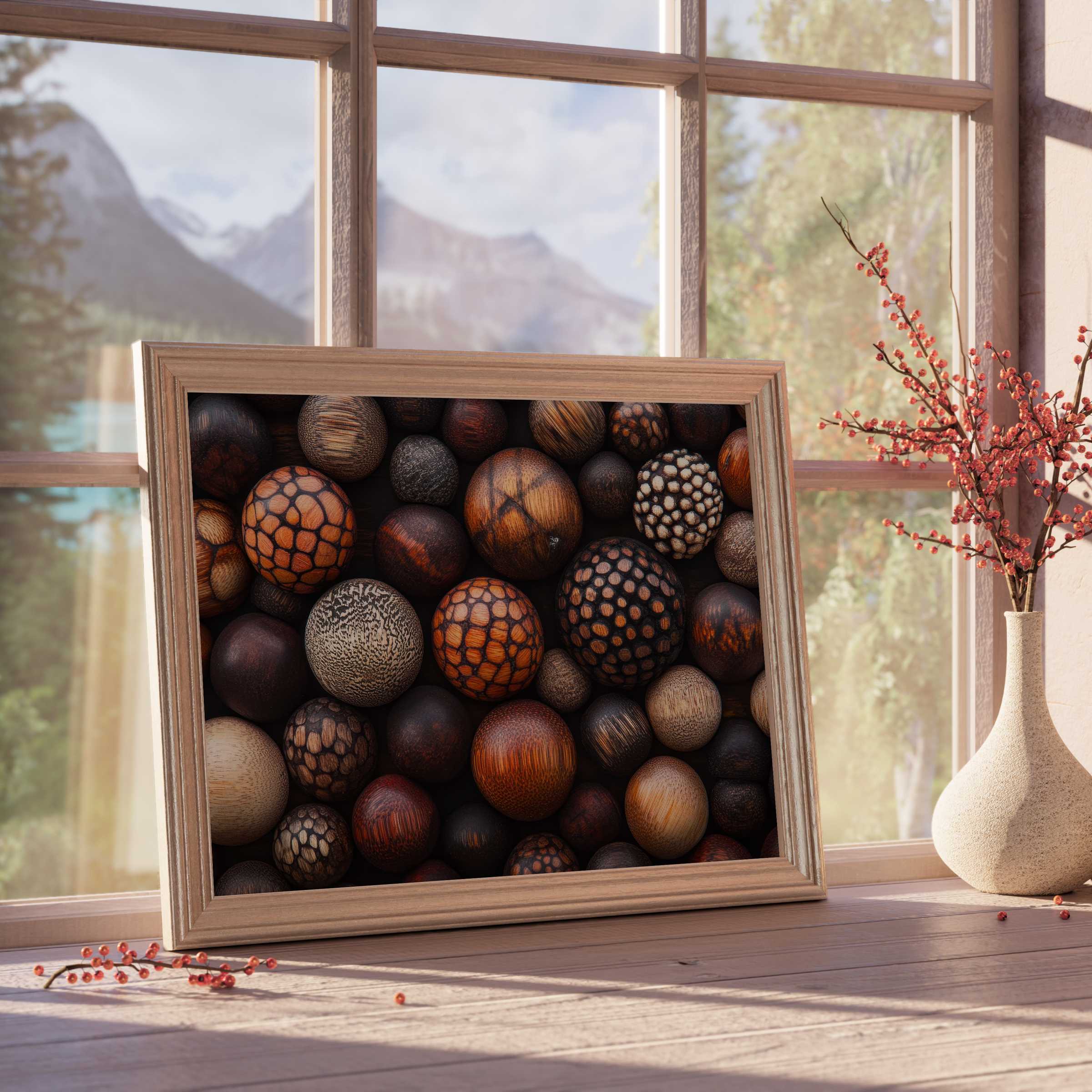 Boho downloadable art featuring textured wooden spheres in warm earth tones, elevating serene, curated interiors with rich natural allure