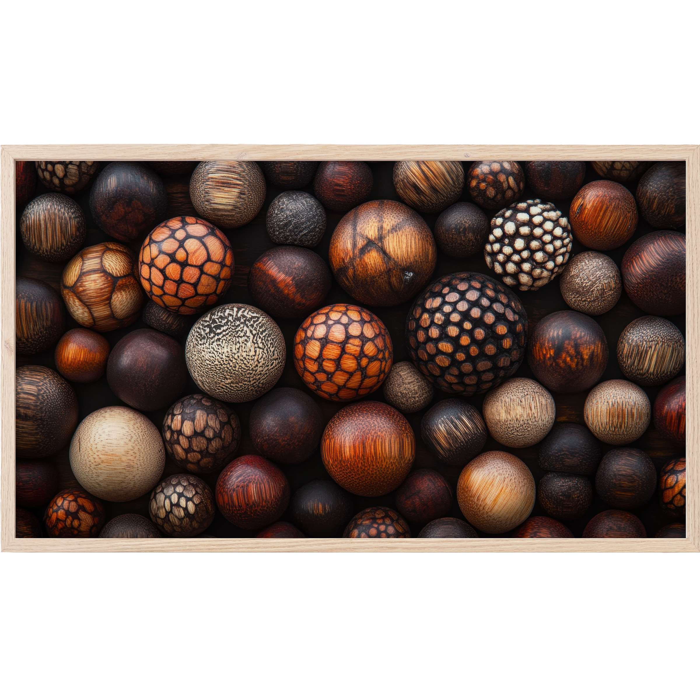 Boho Frame TV Art with rich earthy tones showcasing textured wooden spheres in an elegant, modern arrangement