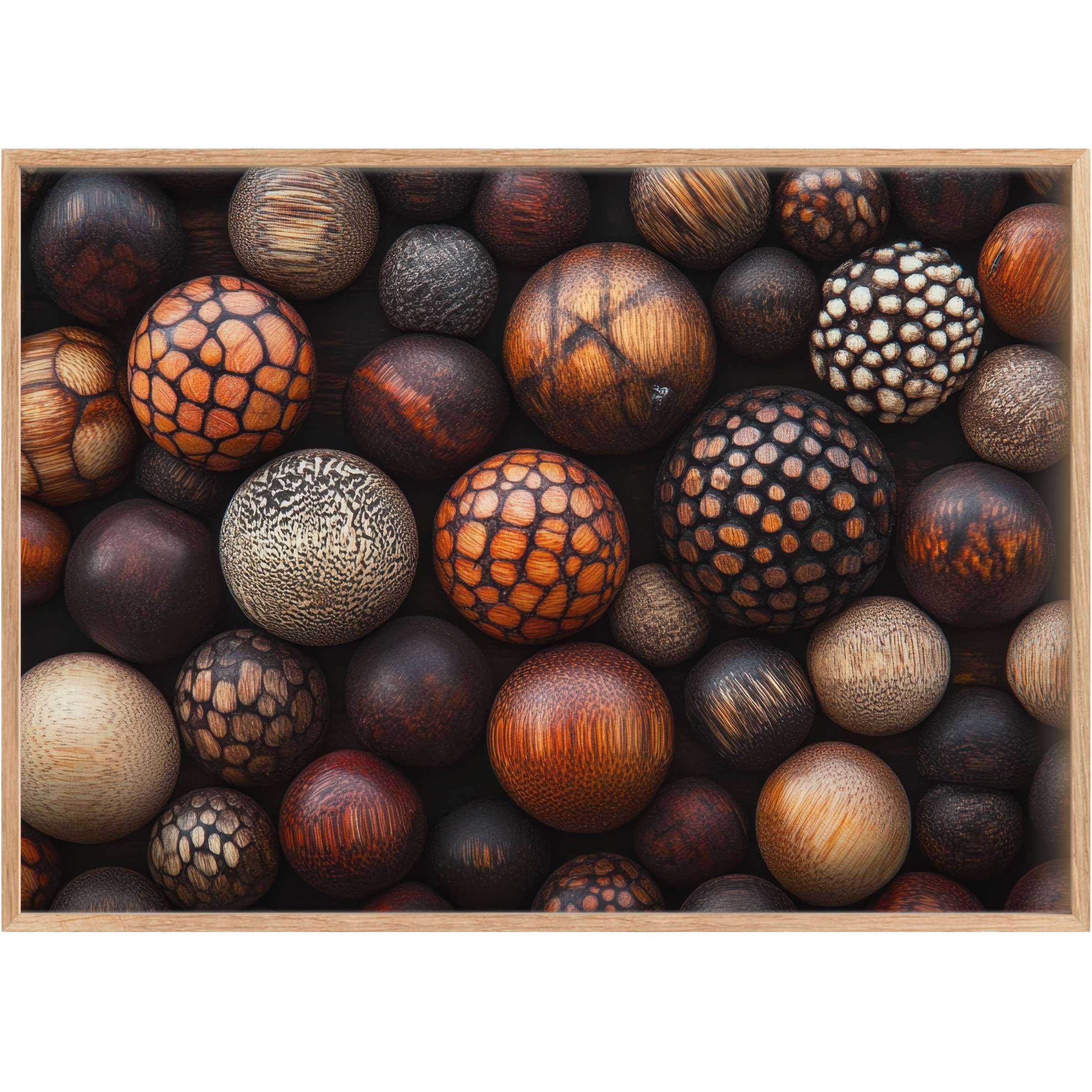 Boho printable wall art featuring warm, textured wooden spheres in rich amber and chocolate tones, evoking a cozy, earthy ambiance