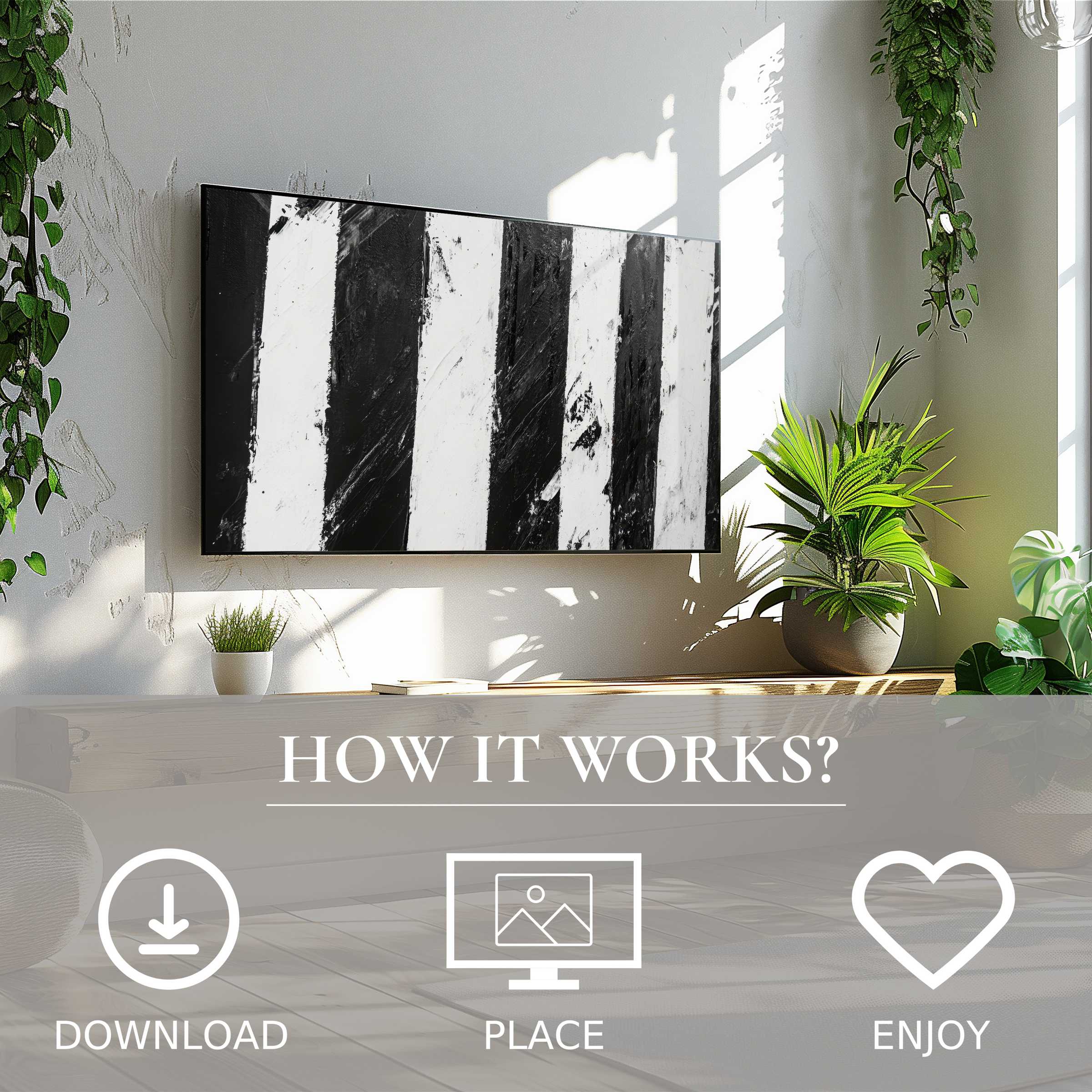 Modern living room with black and white art for Samsung TV, bold vertical stripes enrich space, easy digital download