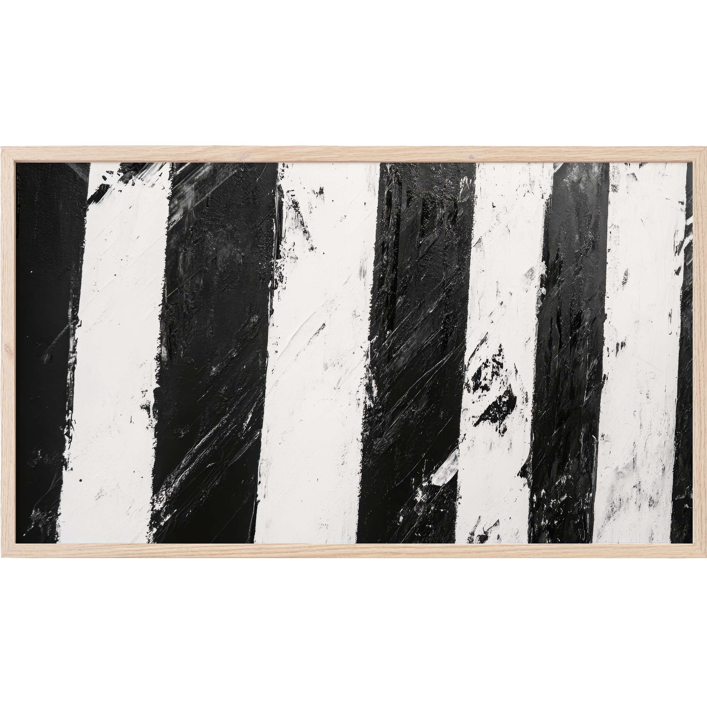 Abstract bold black and white stripes with textured brushstrokes in a natural wood frame, black and white Frame TV Art